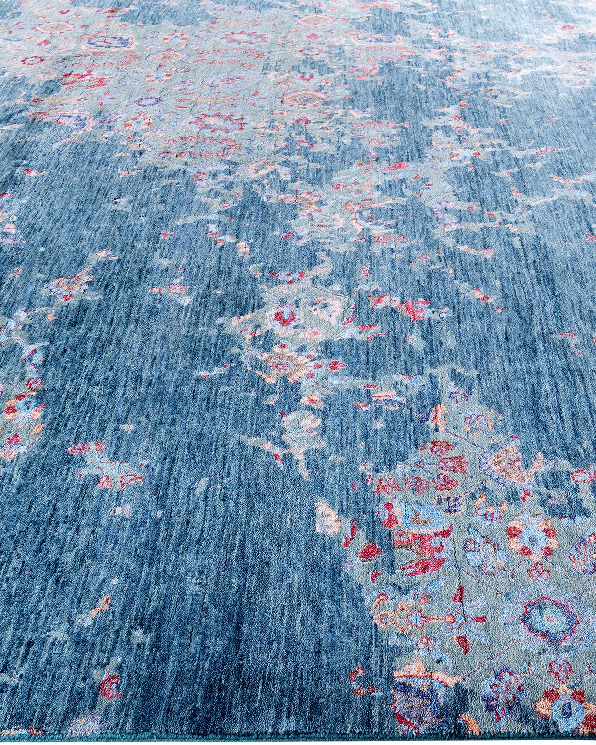 Hand-Knotted Traditional Ikat Hand Knotted Abstract Silk & Wool Green Area Rug 9' 1