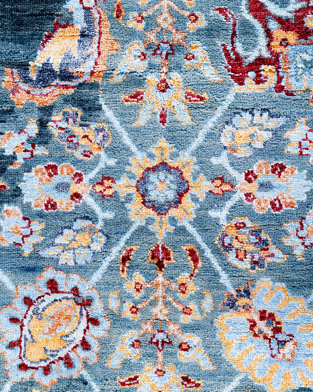 Ikat tradicional Alfombra abstracta anudada a mano de seda y lana verde 9' 2