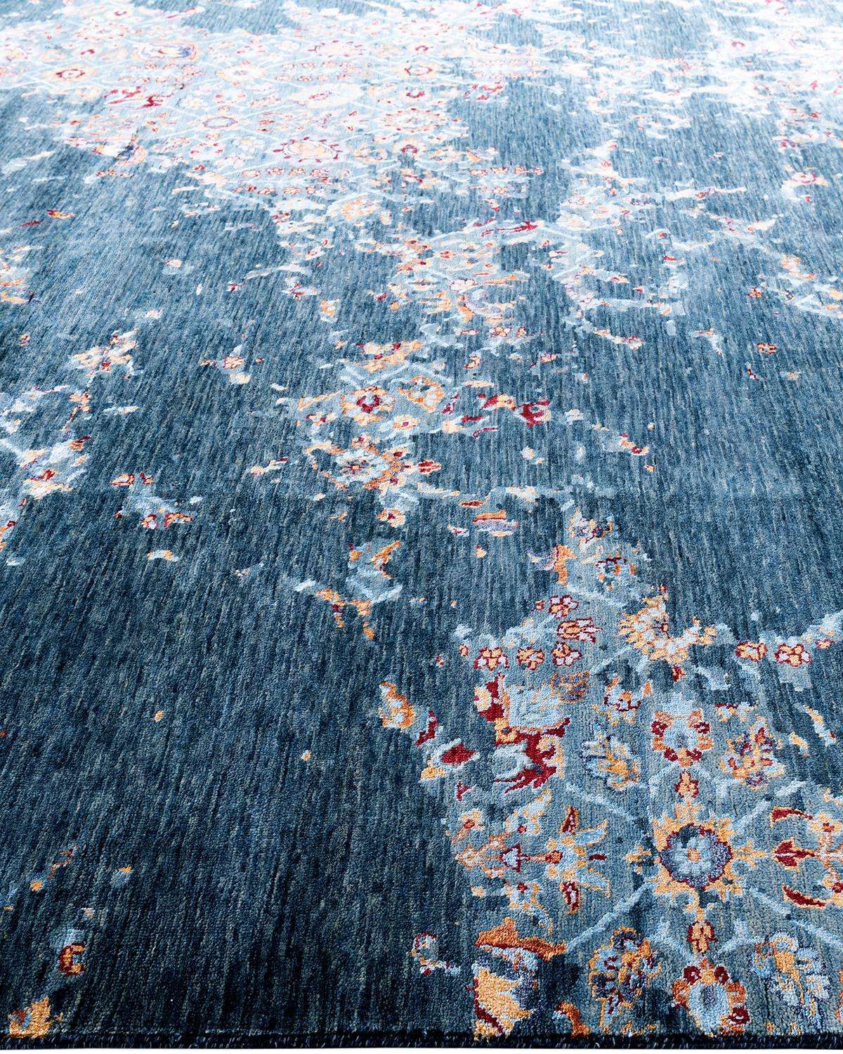 Ikat tradicional Alfombra abstracta anudada a mano de seda y lana verde 9' 2