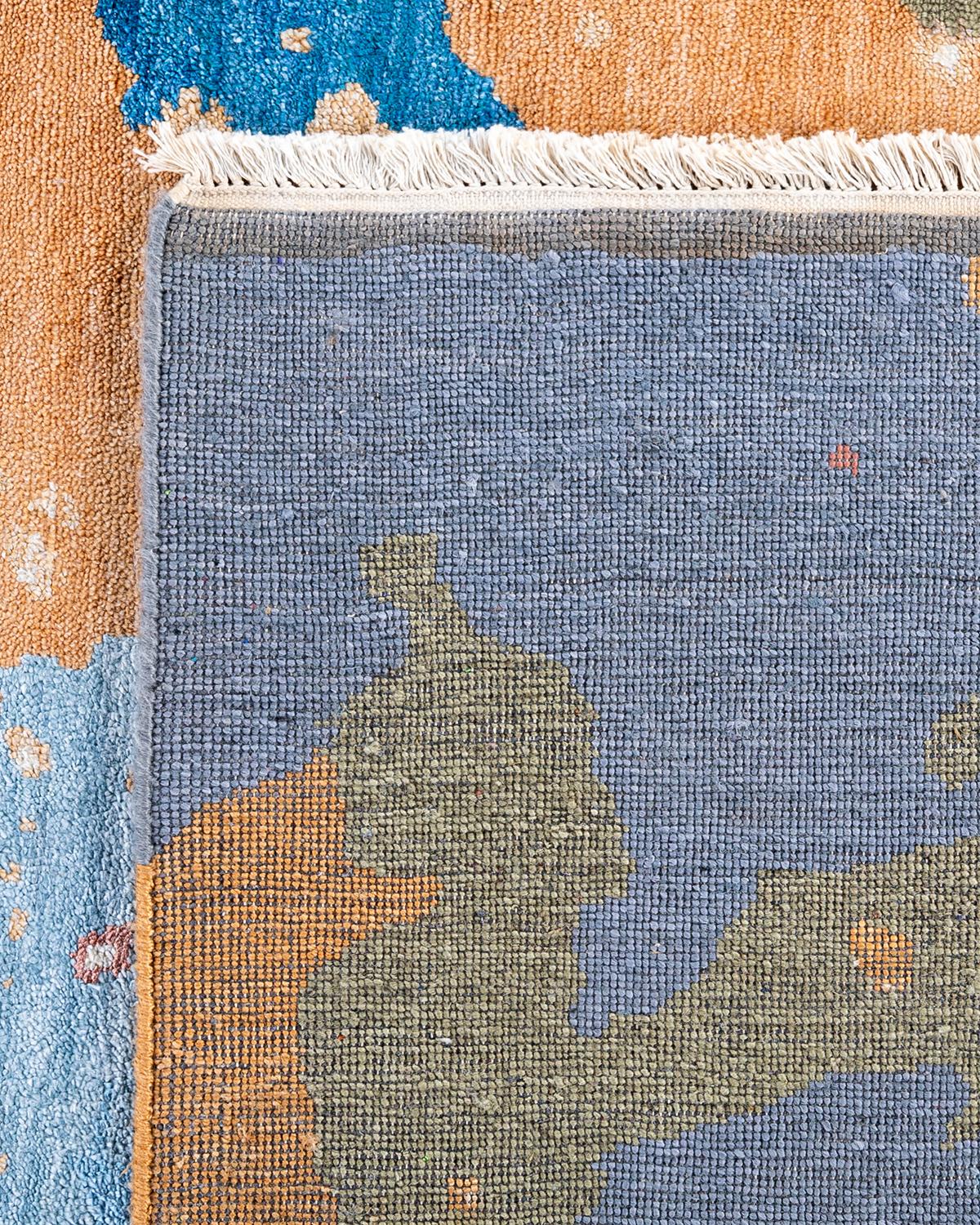 Tappeto tradizionale Ikat annodato a mano in seta e lana verde 9' 2