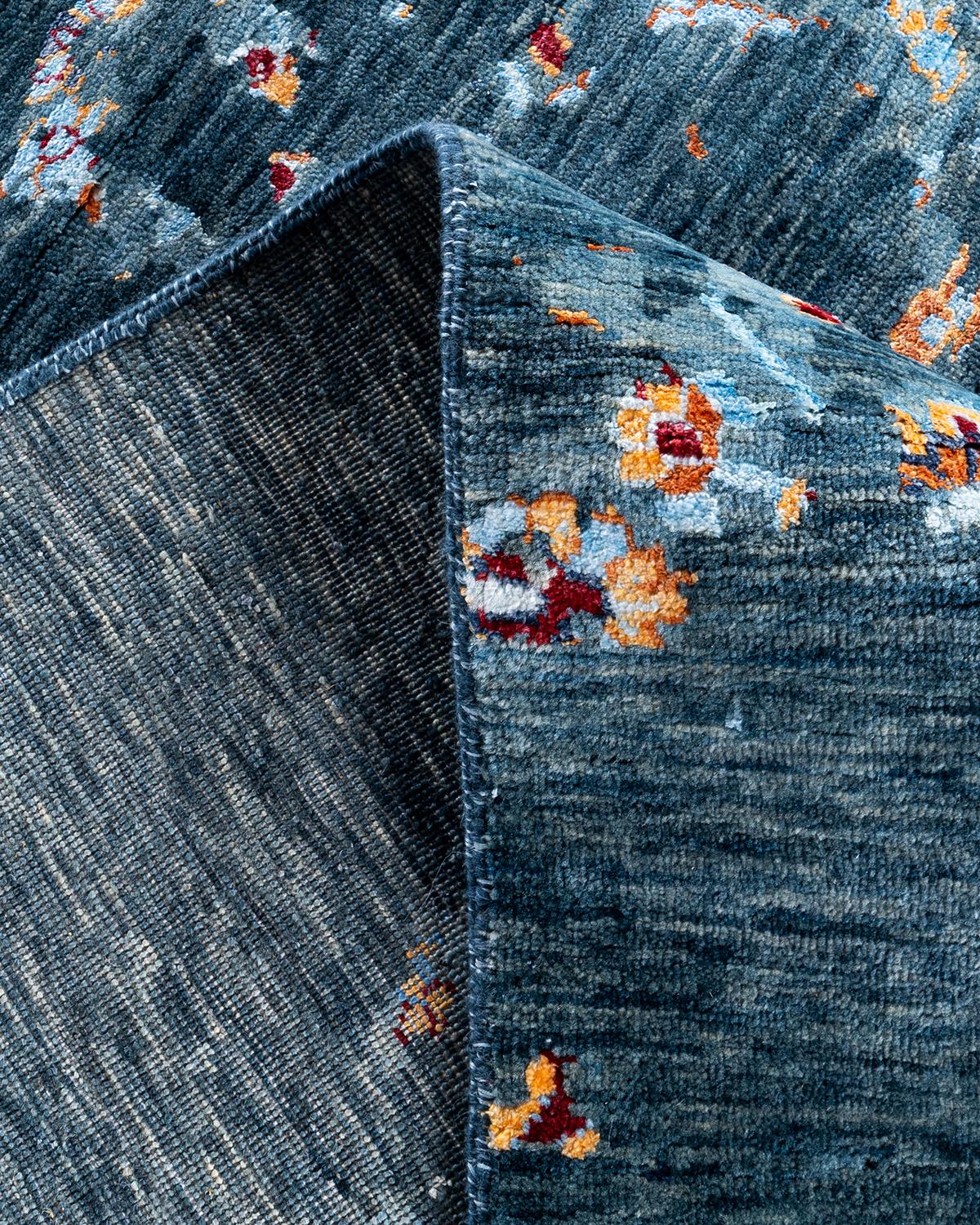 Ikat tradicional Alfombra abstracta anudada a mano de seda y lana verde 9' 2