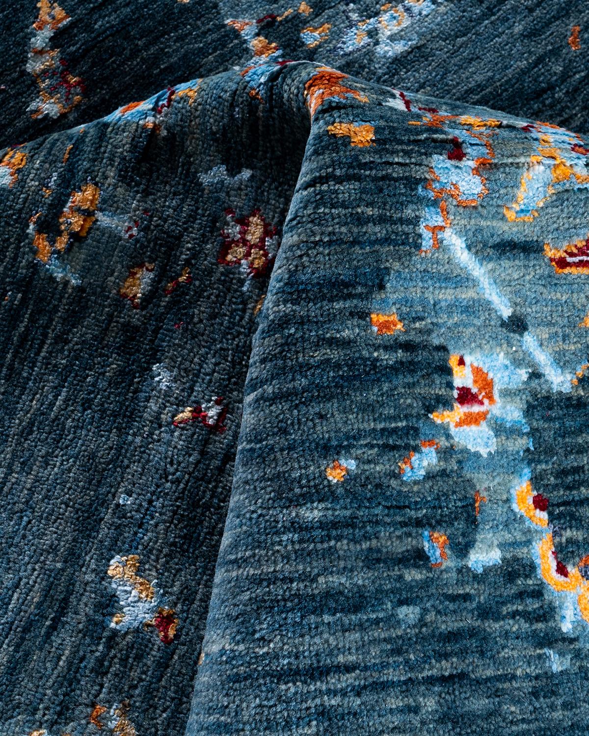 Ikat tradicional Alfombra abstracta anudada a mano de seda y lana verde 9' 2