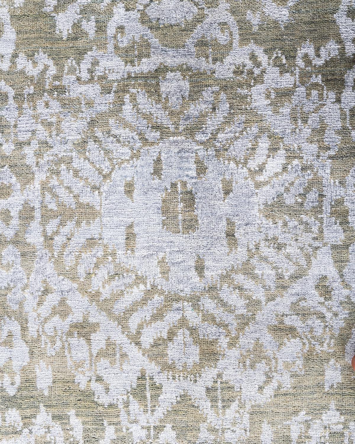 Indiano Tappeto tradizionale Ikat annodato a mano in seta e lana avorio 8' 0