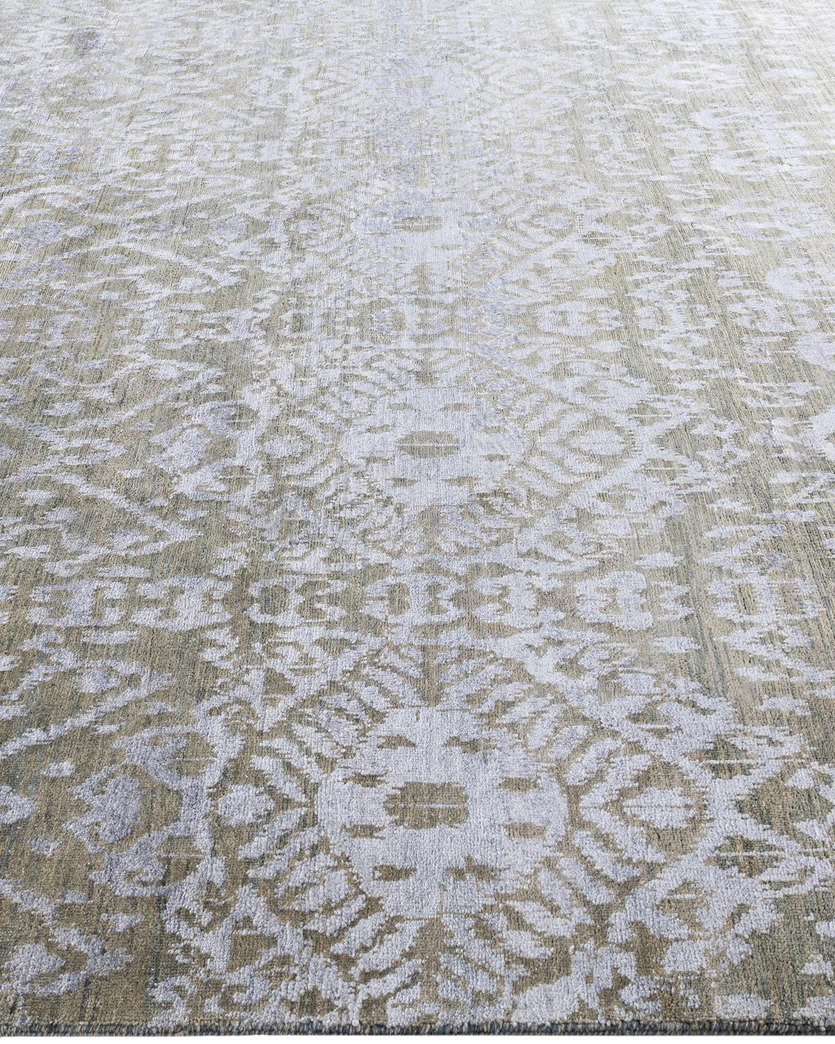 Annodato a mano Tappeto tradizionale Ikat annodato a mano in seta e lana avorio 8' 0