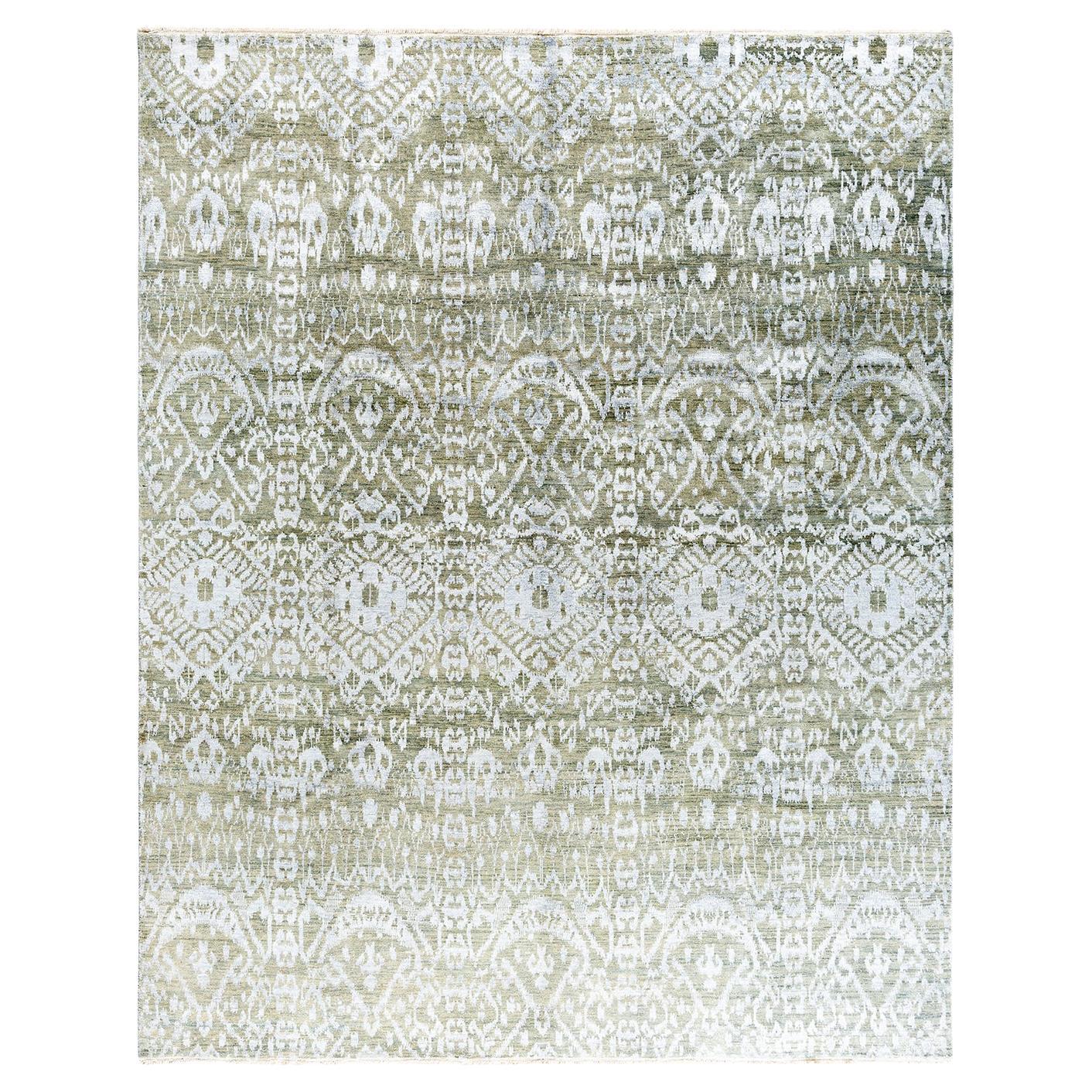 Traditional Ikat Hand Knotted Abstract Silk & Wool Ivory Area Rug 8' 0" x 10' 0"