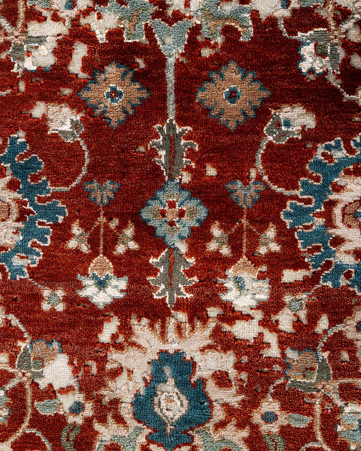 Traditioneller handgeknüpfter abstrakter Ikat-Teppich aus Seide und Wolle in Elfenbein 8' 3