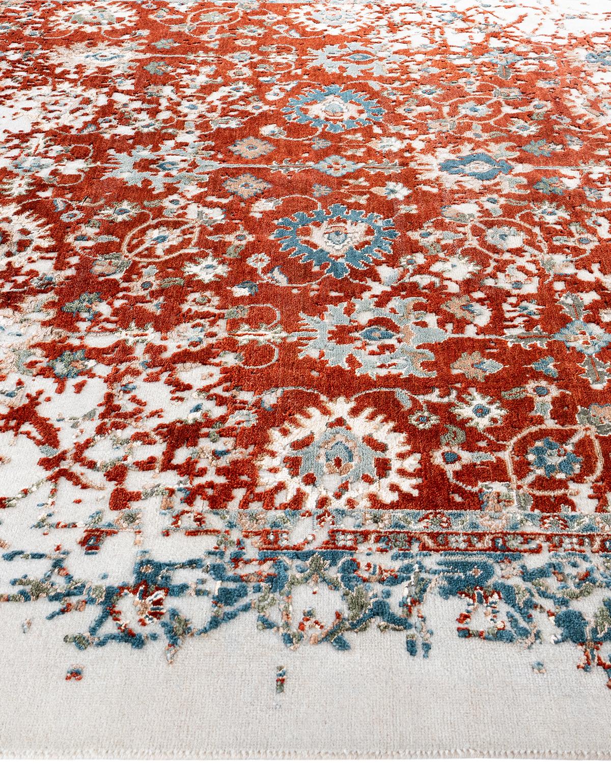 Traditioneller handgeknüpfter abstrakter Ikat-Teppich aus Seide und Wolle in Elfenbein 8' 3