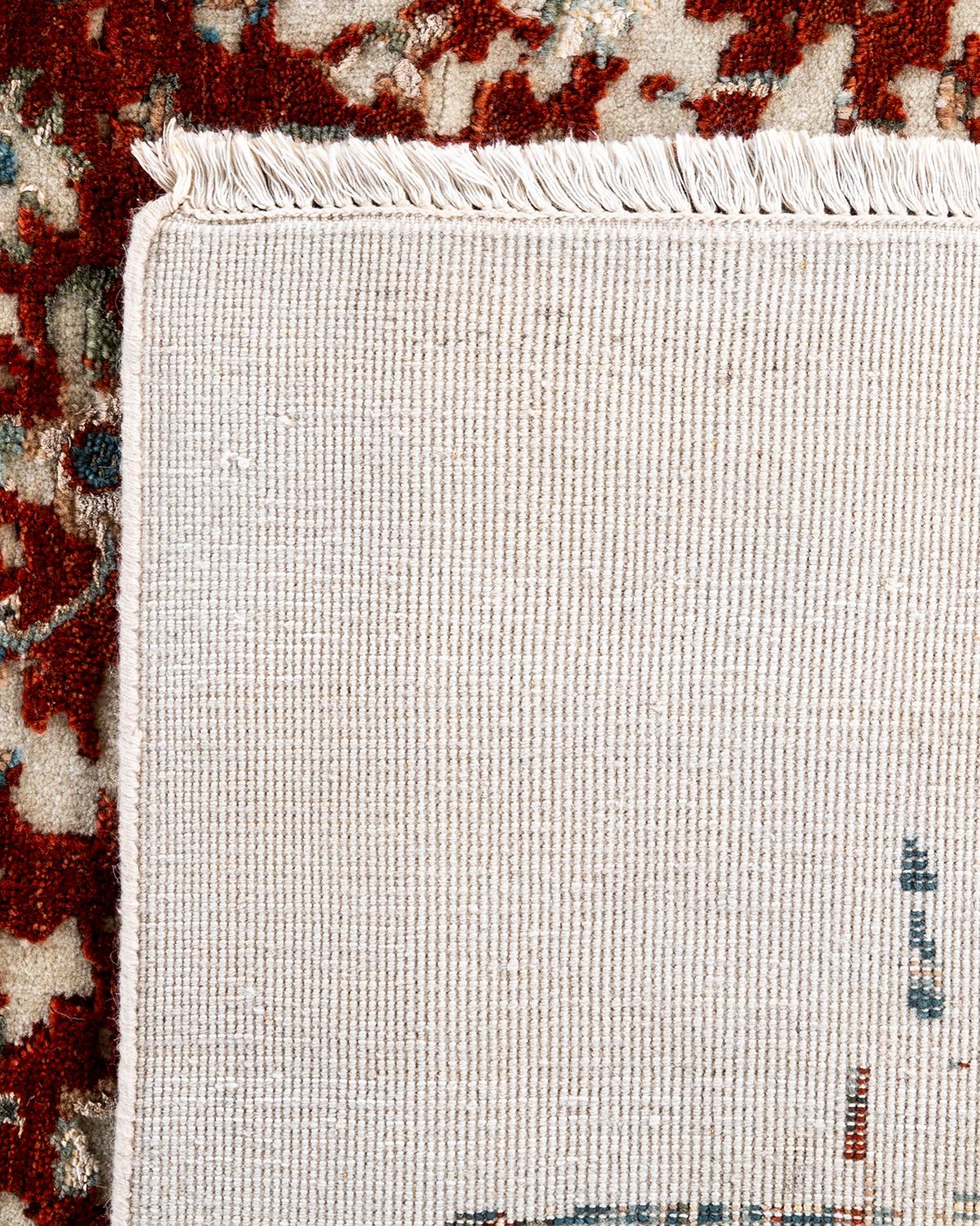 Traditioneller handgeknüpfter abstrakter Ikat-Teppich aus Seide und Wolle in Elfenbein 8' 3