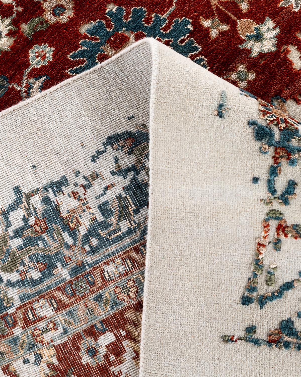Traditioneller handgeknüpfter abstrakter Ikat-Teppich aus Seide und Wolle in Elfenbein 8' 3