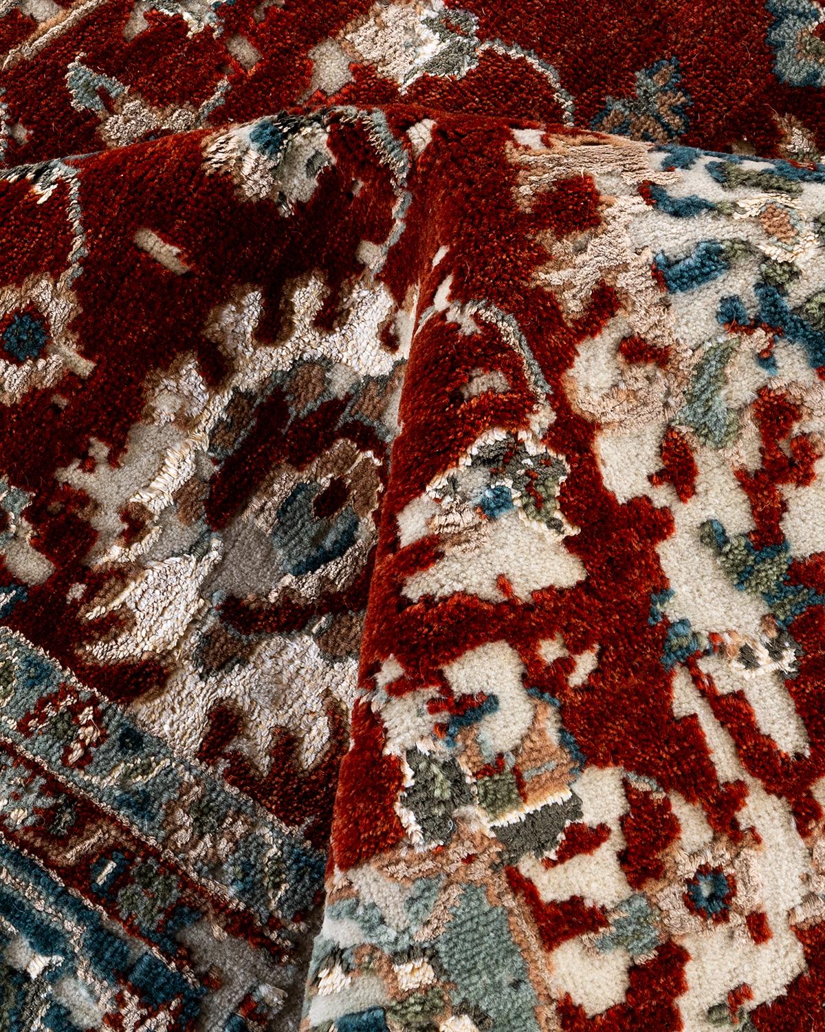 Traditioneller handgeknüpfter abstrakter Ikat-Teppich aus Seide und Wolle in Elfenbein 8' 3