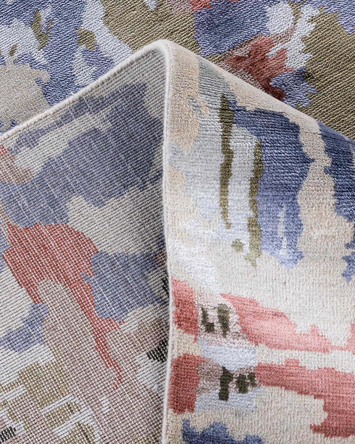 Contemporary Traditional Ikat Hand Knotted Abstract Silk & Wool Ivory Area Rug 9' 3