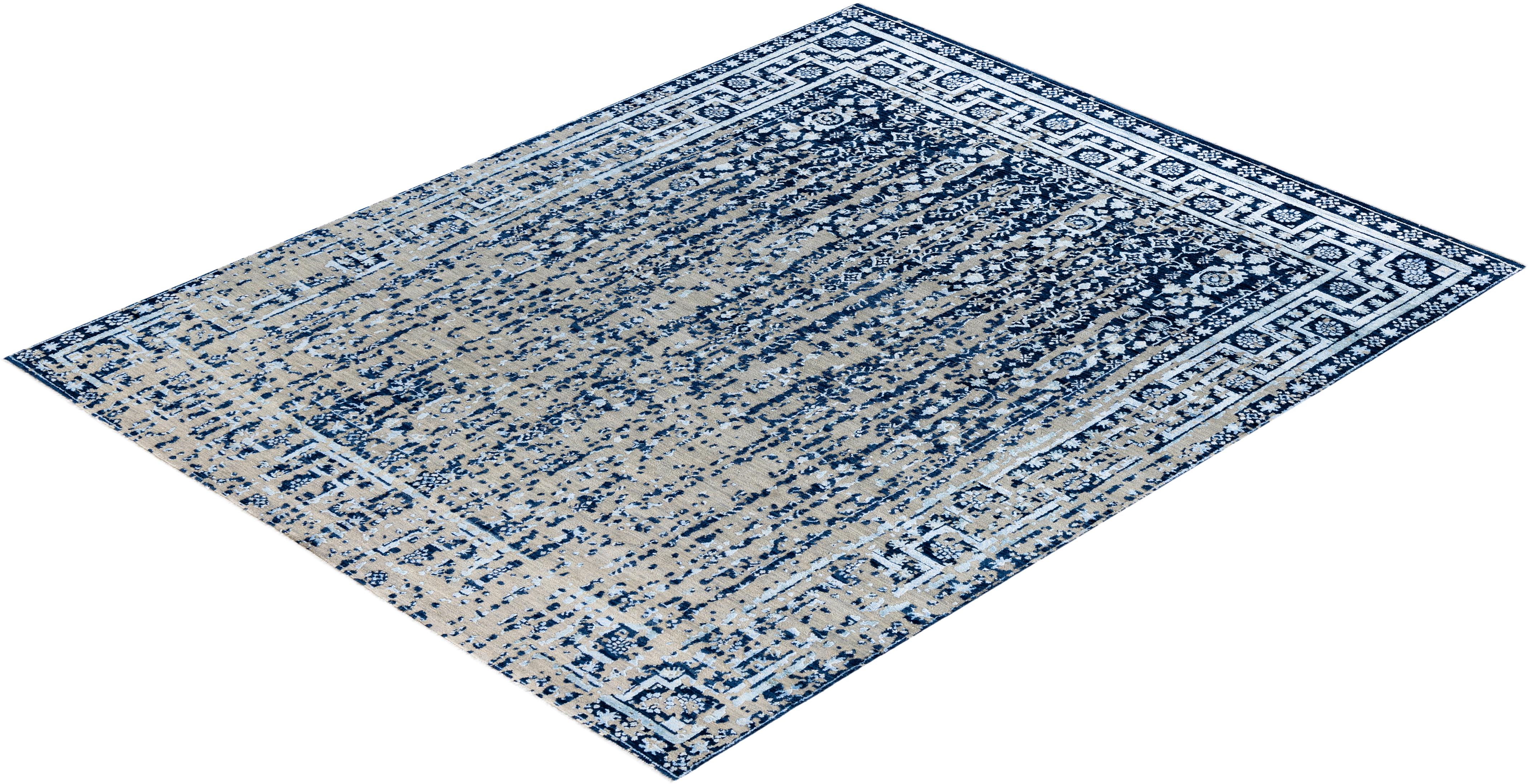 Traditioneller handgeknüpfter abstrakter Ikat-Teppich aus Seide und Wolle in Marineblau, 8' 0