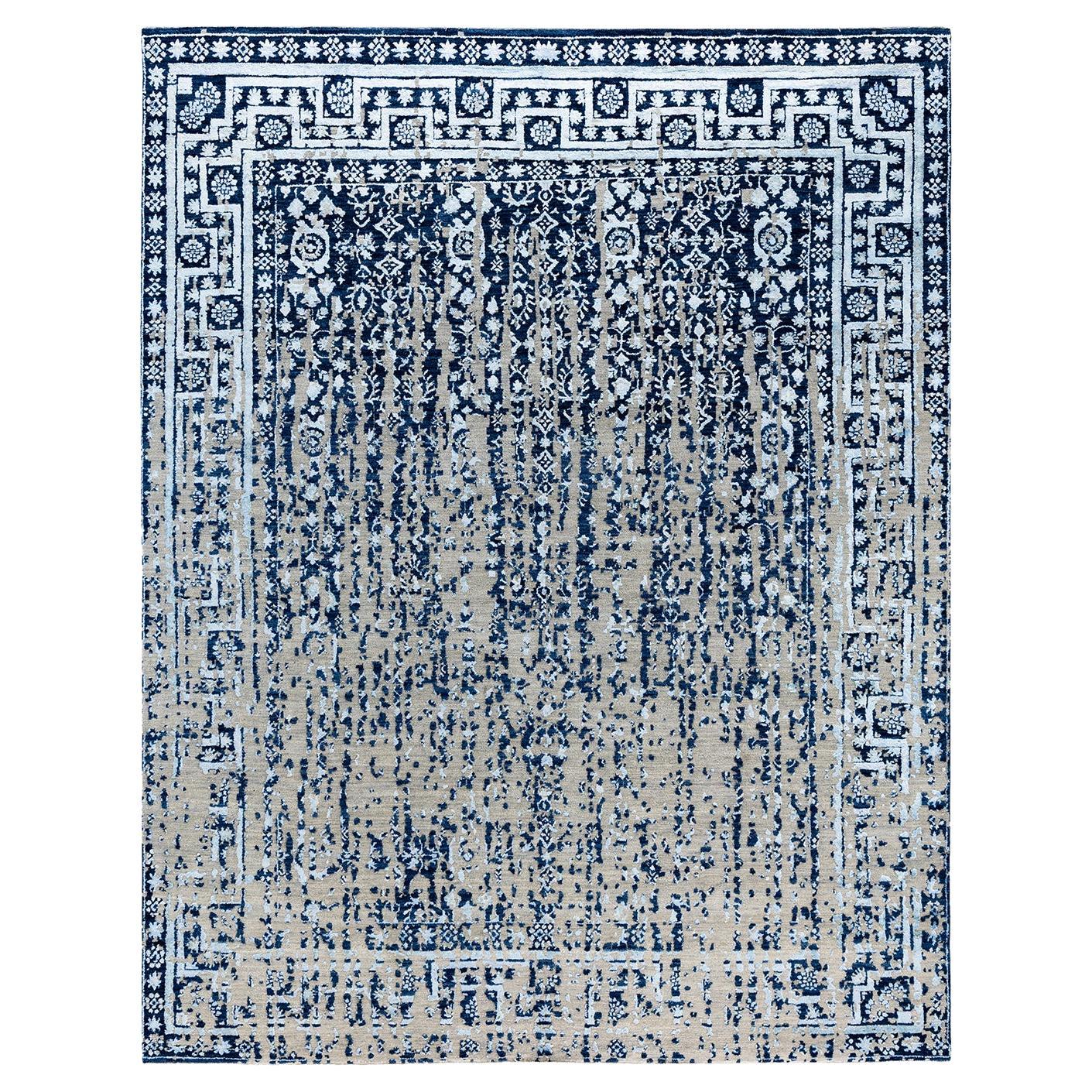 Traditional Ikat Hand Knotted Abstract Silk & Wool Navy Area Rug 8' 0" x 10' 2"