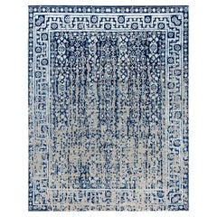Tapis traditionnel Ikat abstrait noué à la main en soie et laine bleu marine 8' 0" x 10' 2"