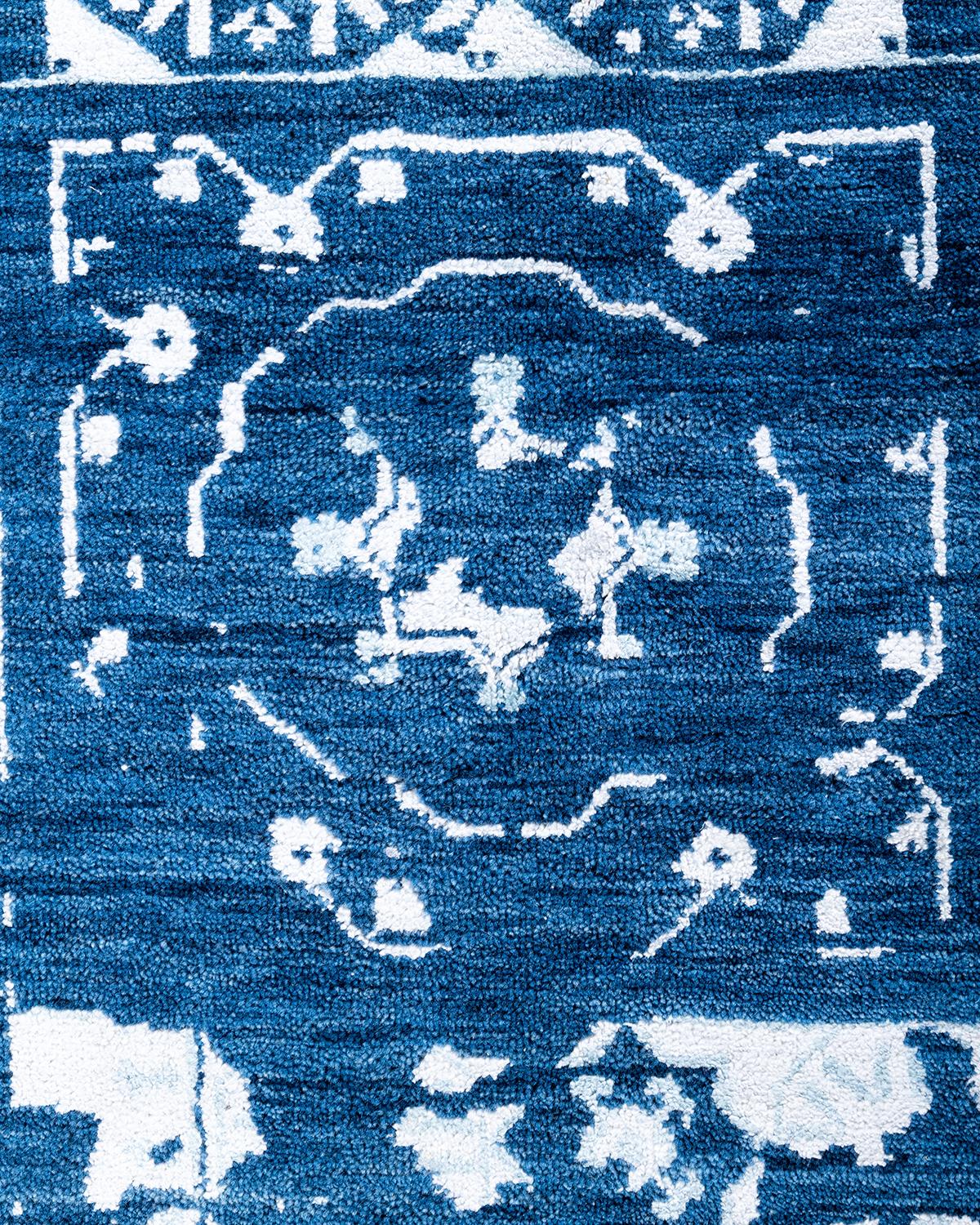 Indian Traditional Ikat Hand Knotted Abstract Silk & Wool Navy Area Rug 8' 2