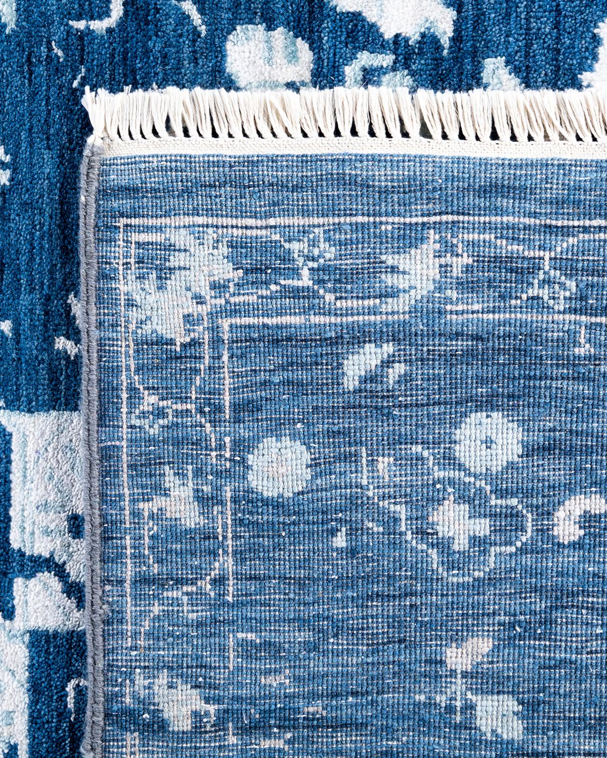 Traditional Ikat Hand Knotted Abstract Silk & Wool Navy Area Rug 8' 2