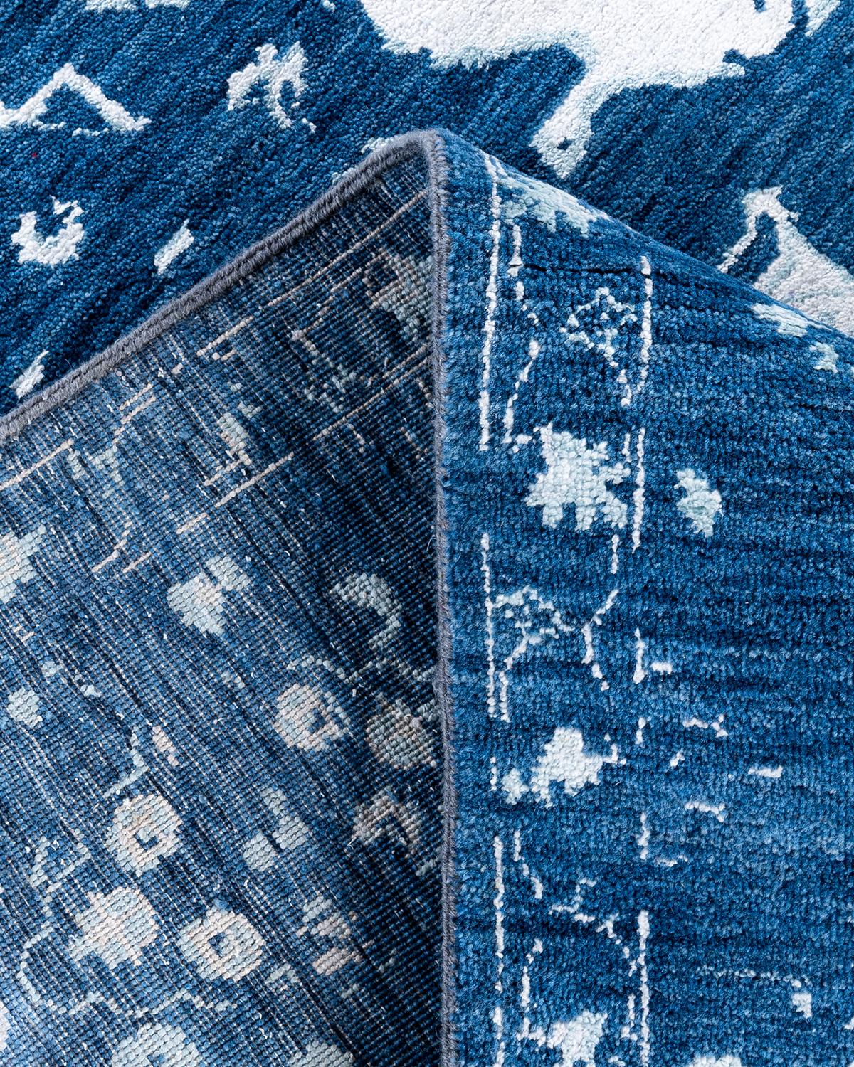 Contemporary Traditional Ikat Hand Knotted Abstract Silk & Wool Navy Area Rug 8' 2
