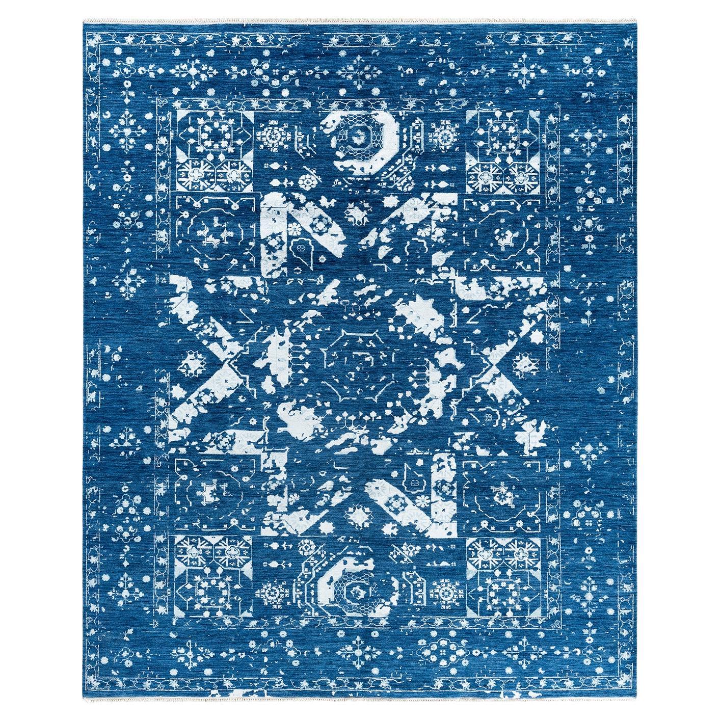 Traditional Ikat Hand Knotted Abstract Silk & Wool Navy Area Rug 8' 2" x 9' 10" For Sale