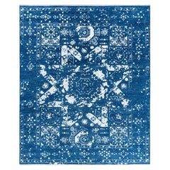 Ikat tradicional Alfombra abstracta anudada a mano de seda y lana azul marino 8' 2" x 9' 10