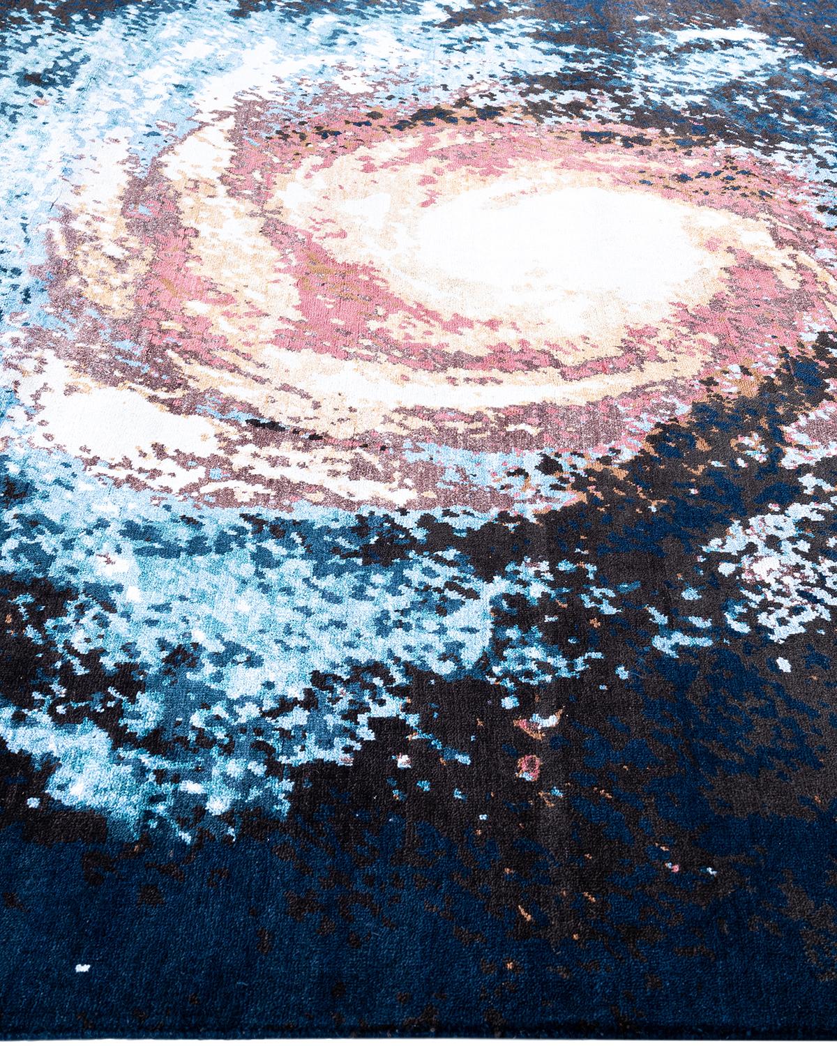 Ikat tradicional Alfombra abstracta anudada a mano de seda y lana azul marino 8' 3