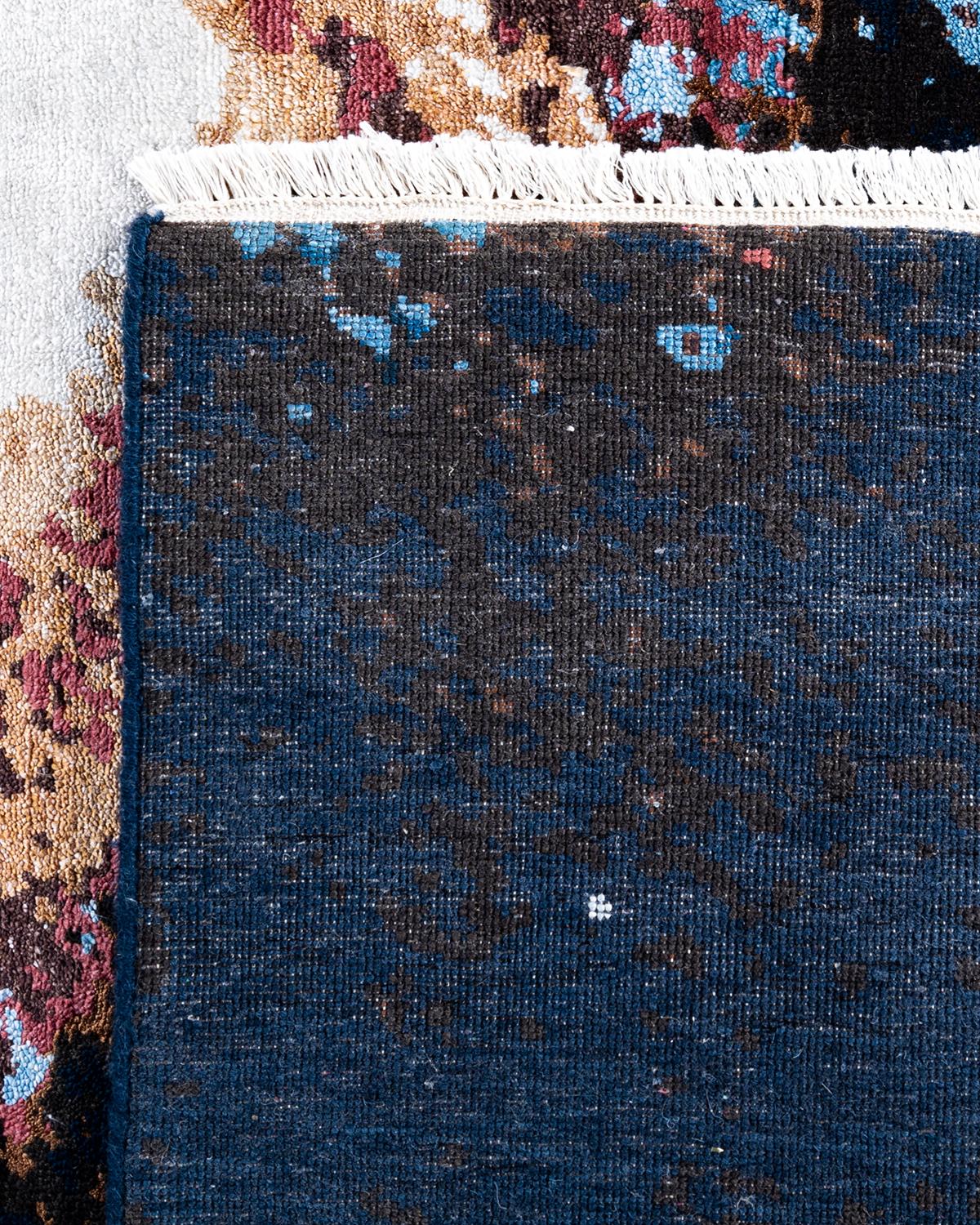 Ikat tradicional Alfombra abstracta anudada a mano de seda y lana azul marino 8' 3