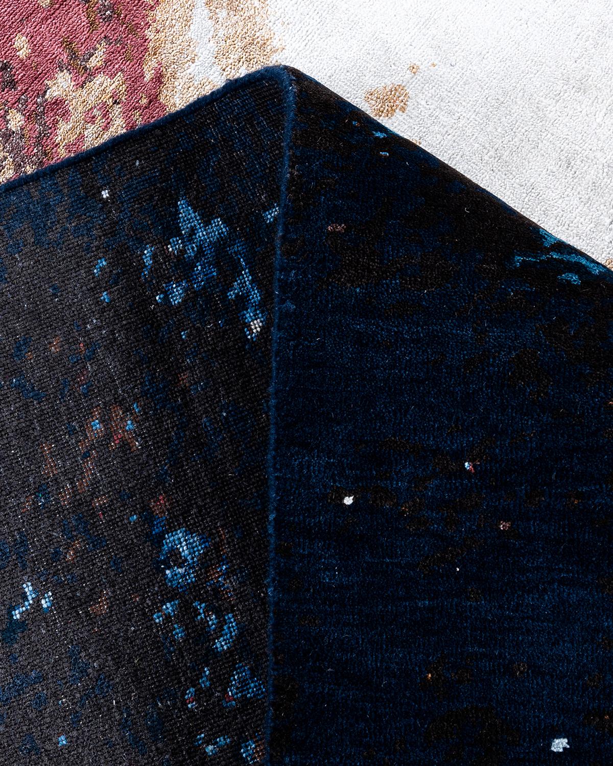 Ikat tradicional Alfombra abstracta anudada a mano de seda y lana azul marino 8' 3