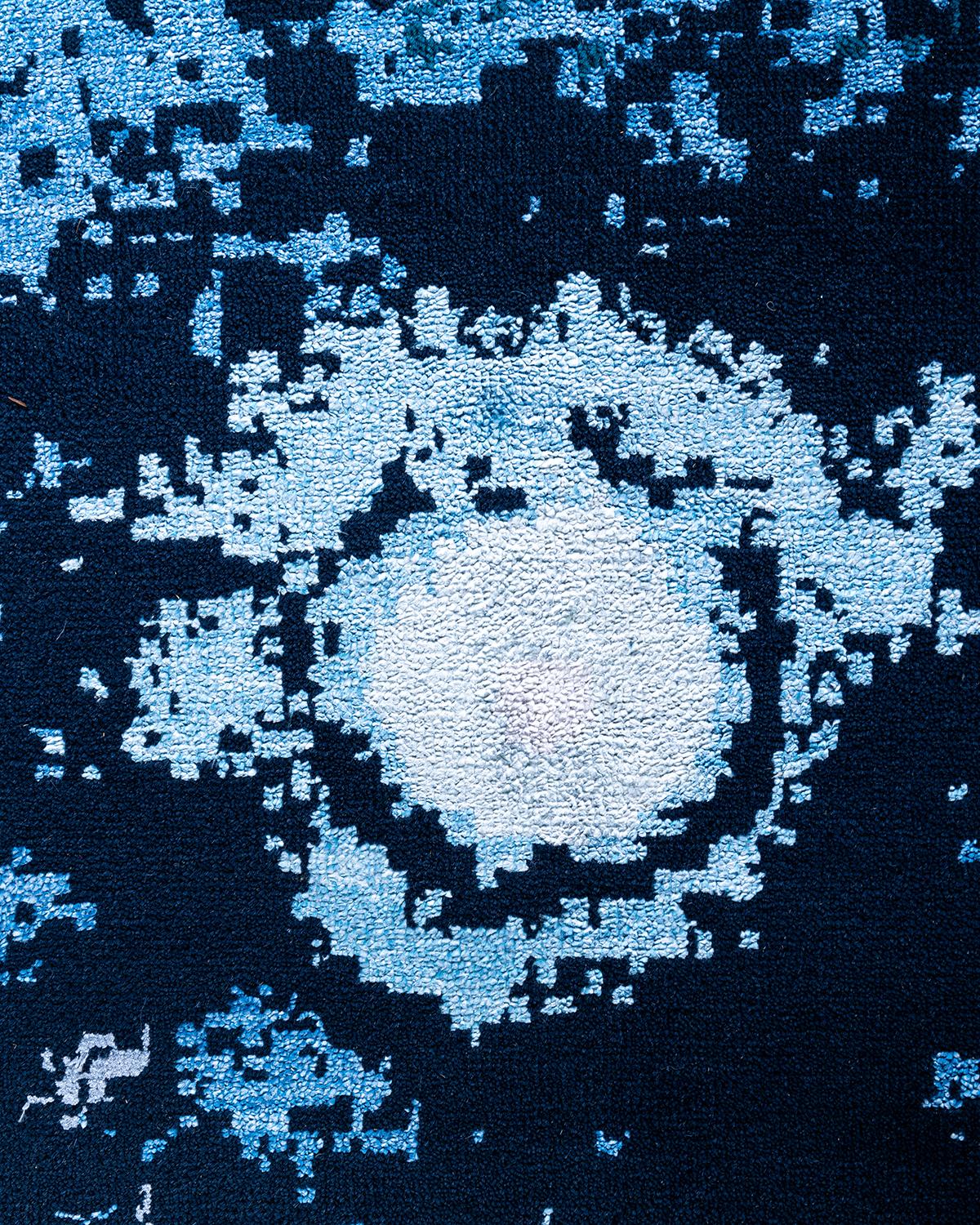 Indiano Tappeto tradizionale Ikat annodato a mano in seta astratta e lana Navy 8' 3