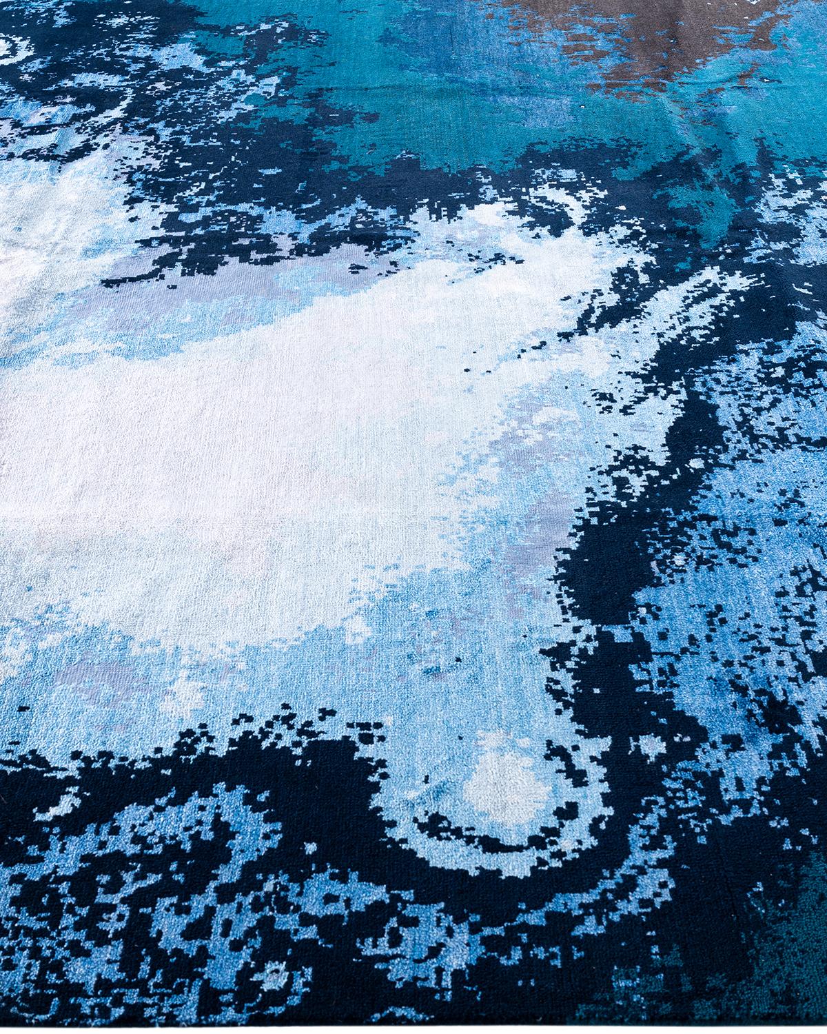 Annodato a mano Tappeto tradizionale Ikat annodato a mano in seta astratta e lana Navy 8' 3