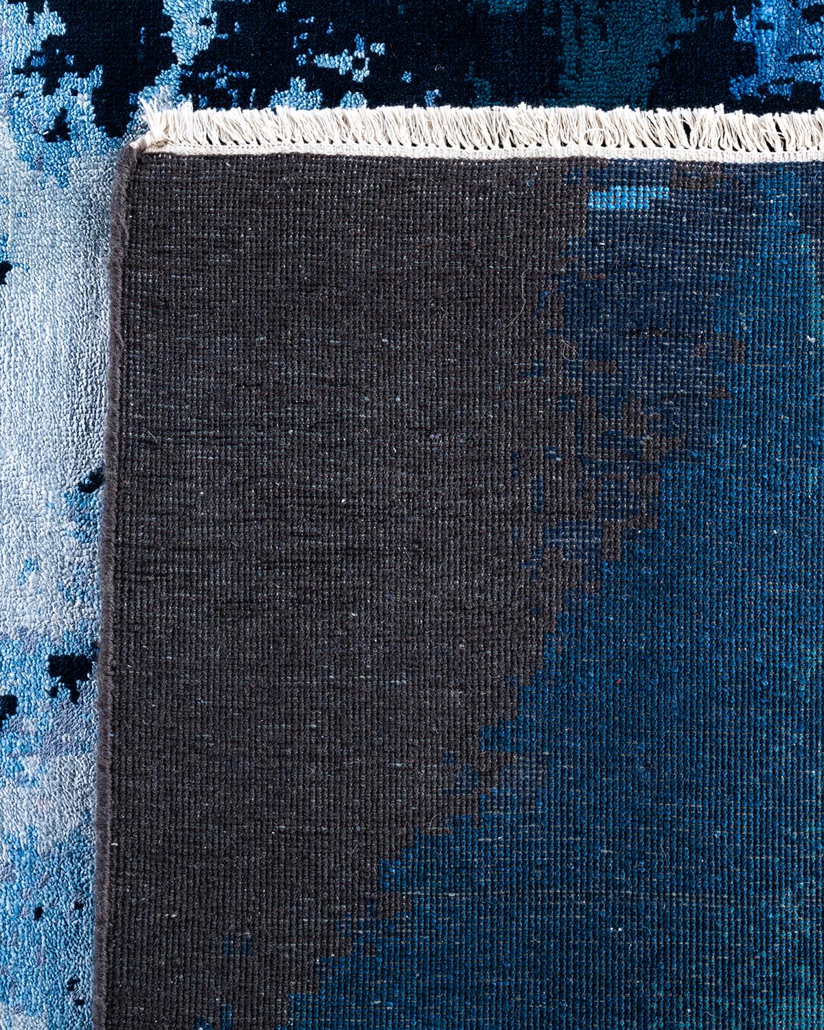 Tappeto tradizionale Ikat annodato a mano in seta astratta e lana Navy 8' 3