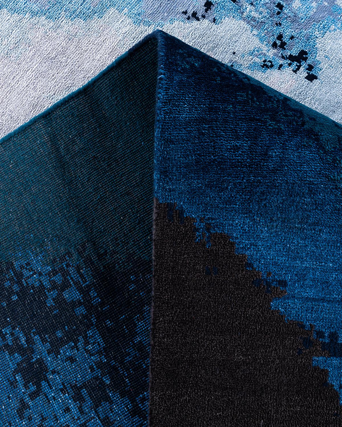 XXI secolo e contemporaneo Tappeto tradizionale Ikat annodato a mano in seta astratta e lana Navy 8' 3