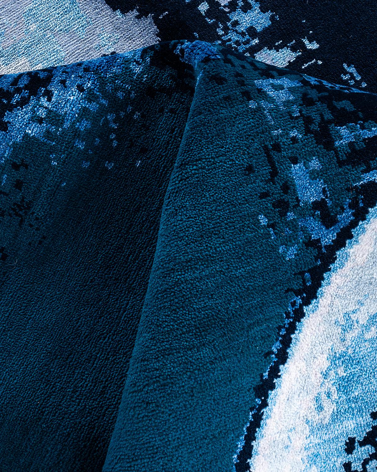 Lana Tappeto tradizionale Ikat annodato a mano in seta astratta e lana Navy 8' 3