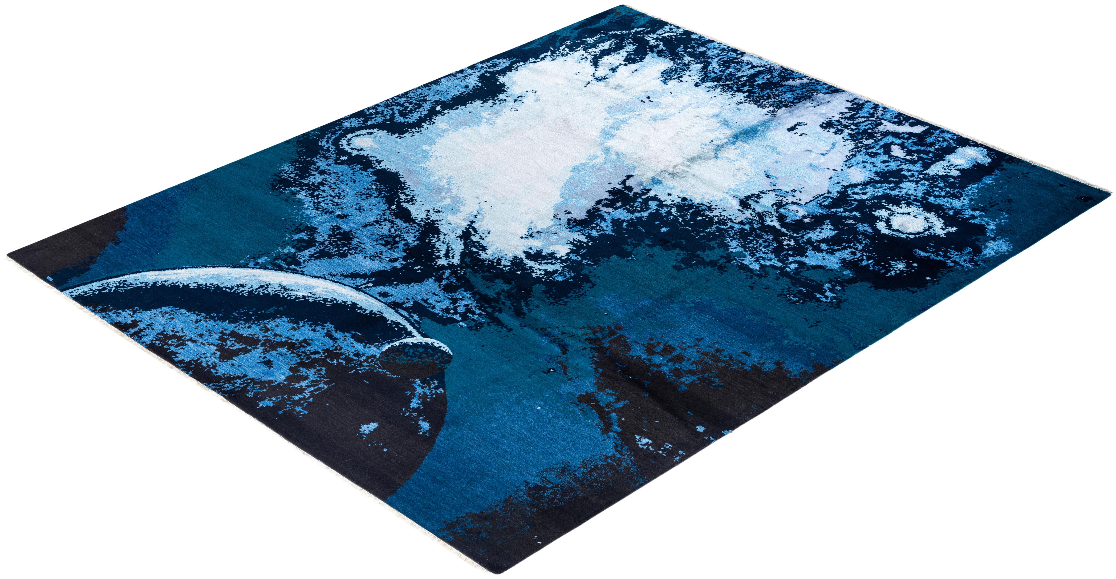 Tappeto tradizionale Ikat annodato a mano in seta astratta e lana Navy 8' 3