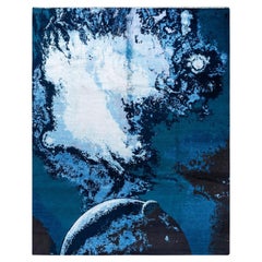 Traditional Ikat Hand Knotted Abstract Silk & Wool Navy Area Rug 8' 3" x 10' 3"
