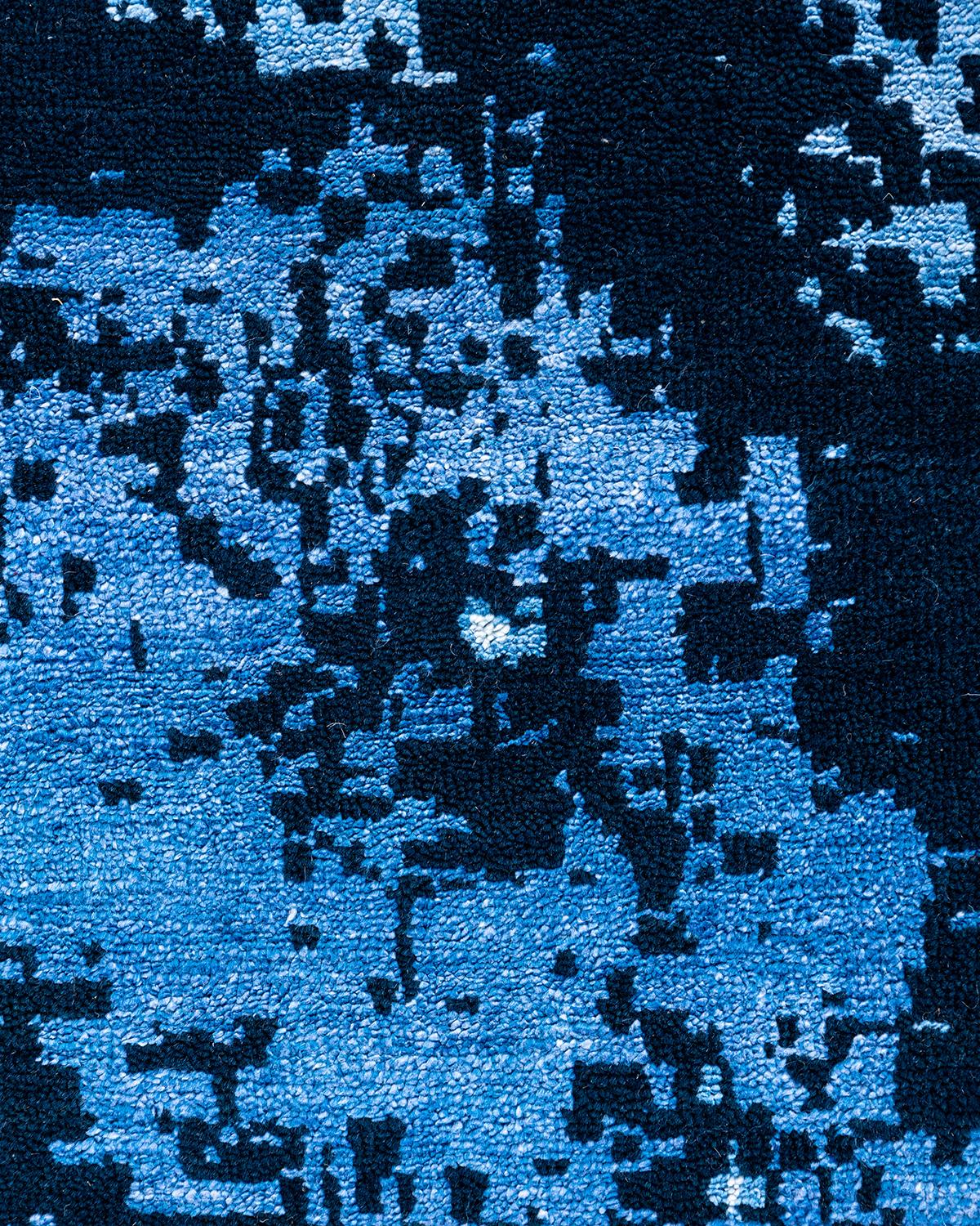 Indien Tapis traditionnel Ikat abstrait noué à la main en soie et laine bleu marine 9' 2