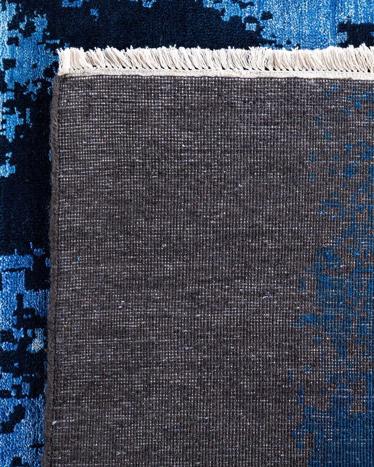 Tapis traditionnel Ikat abstrait noué à la main en soie et laine bleu marine 9' 2