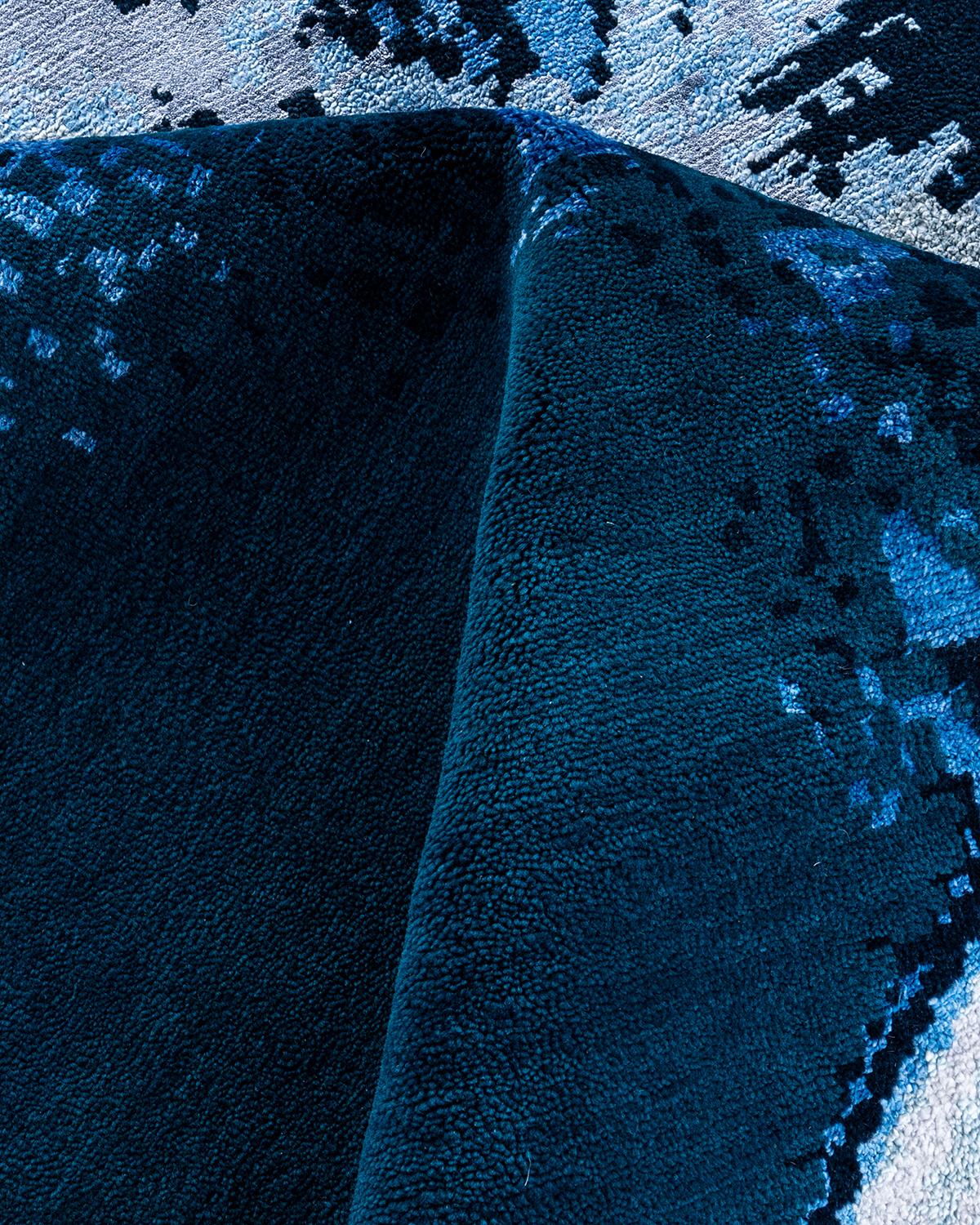Laine Tapis traditionnel Ikat abstrait noué à la main en soie et laine bleu marine 9' 2