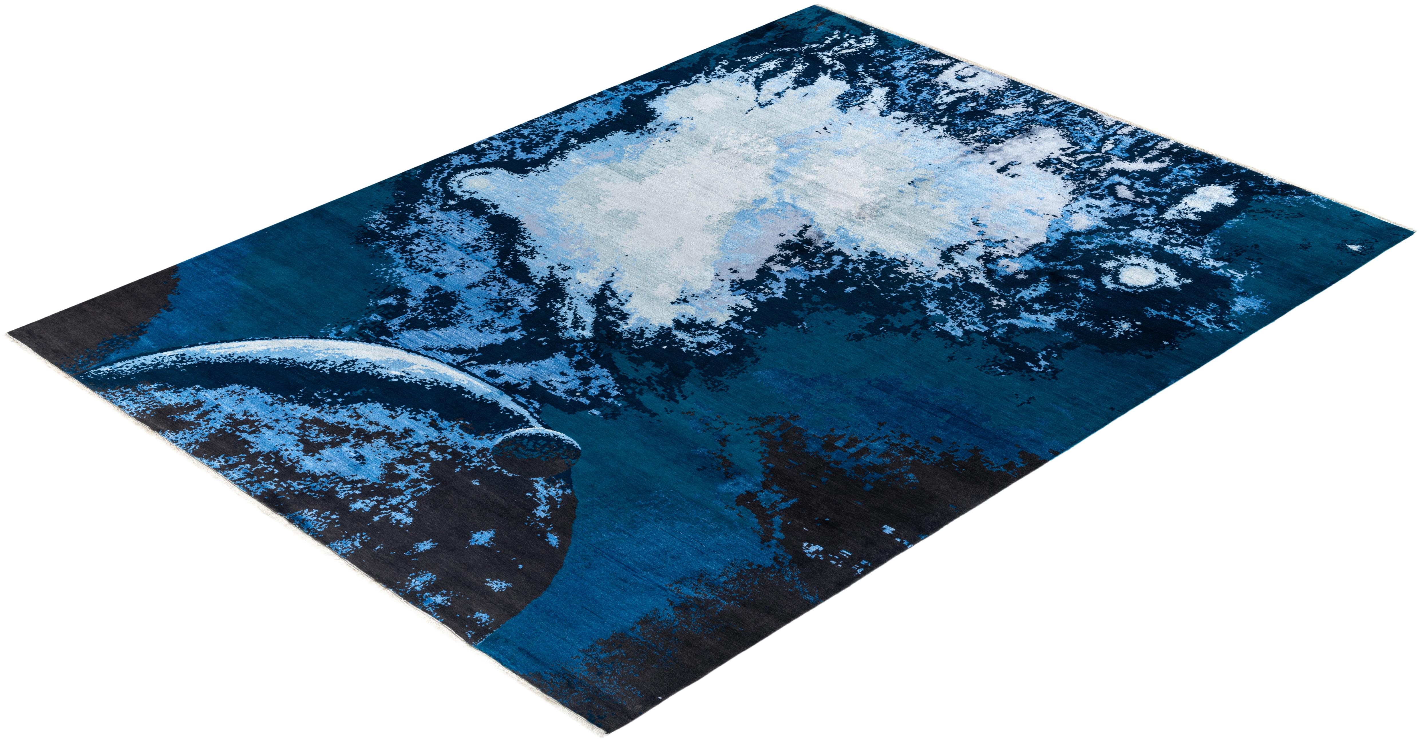 Tapis traditionnel Ikat abstrait noué à la main en soie et laine bleu marine 9' 2