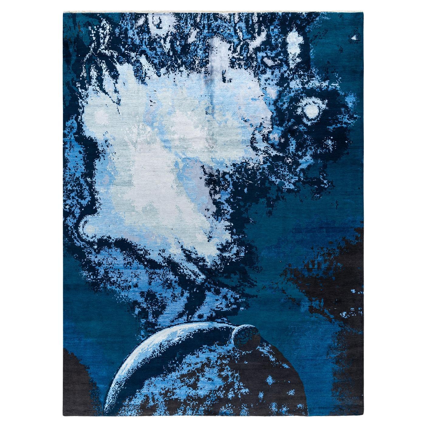 Traditional Ikat Hand Knotted Abstract Silk & Wool Navy Area Rug 9' 2" x 12' 1"