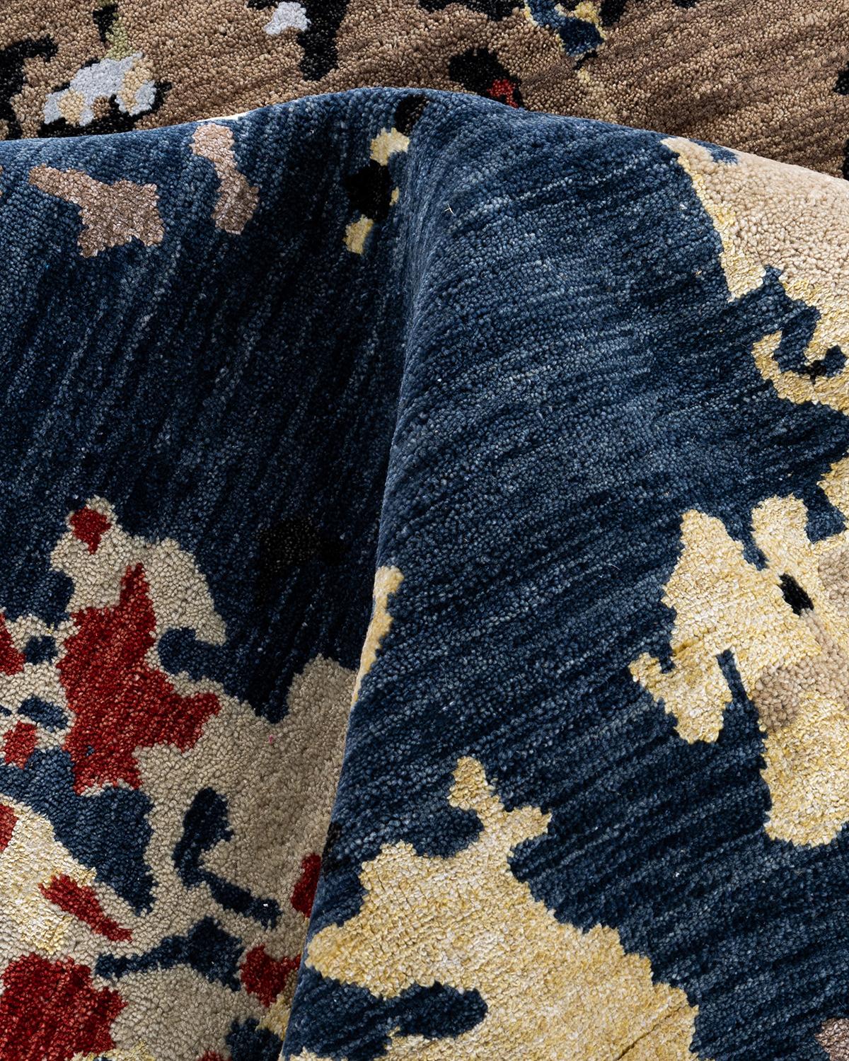 Lana Traditional Ikat Hand Knots Rugs astratto in seta e lana Navy Area Rug 9'4
