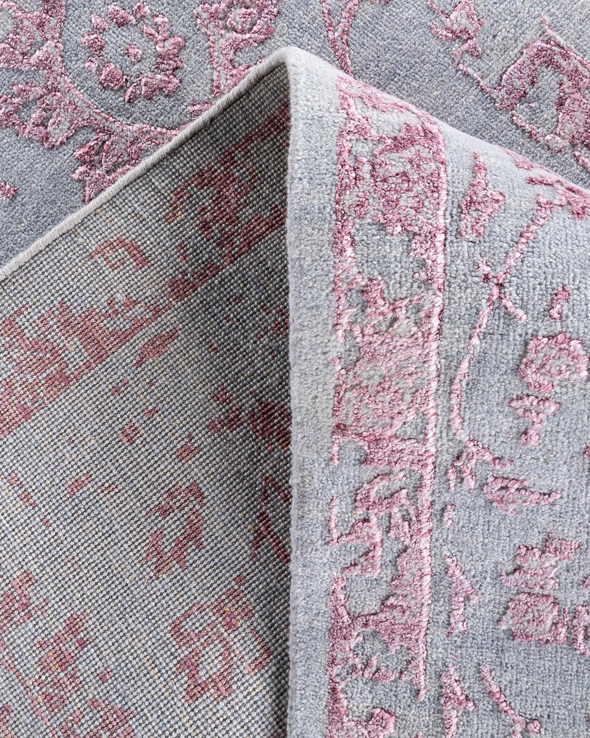 Contemporary Traditional Ikat Hand Knotted Abstract Silk & Wool Pink Area Rug 9' 1