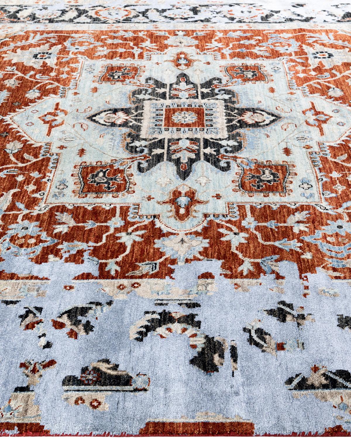 Traditioneller handgeknüpfter abstrakter Ikat-Teppich aus Seide und Wolle in Rot, 8' 0