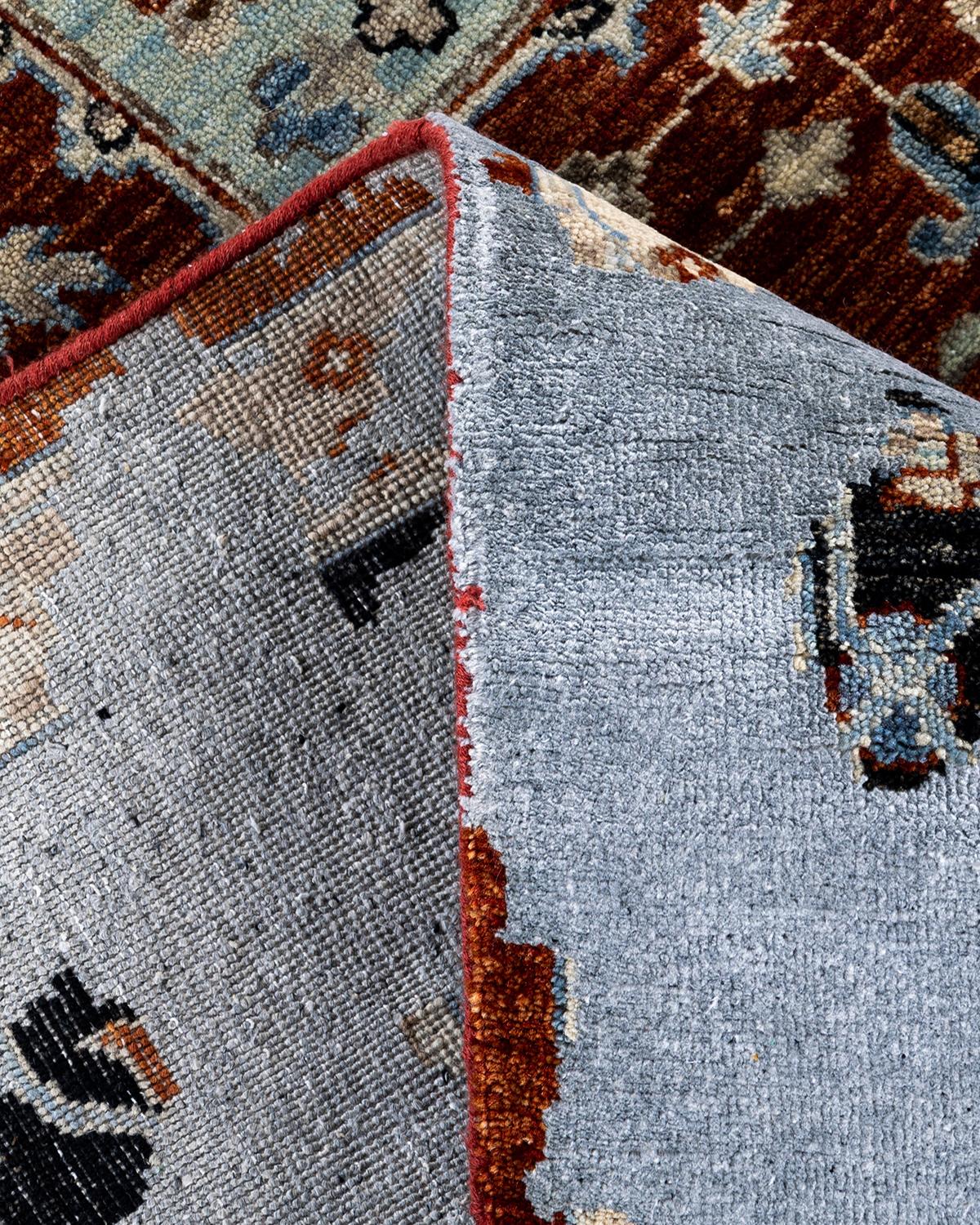 Traditioneller handgeknüpfter abstrakter Ikat-Teppich aus Seide und Wolle in Rot, 8' 0