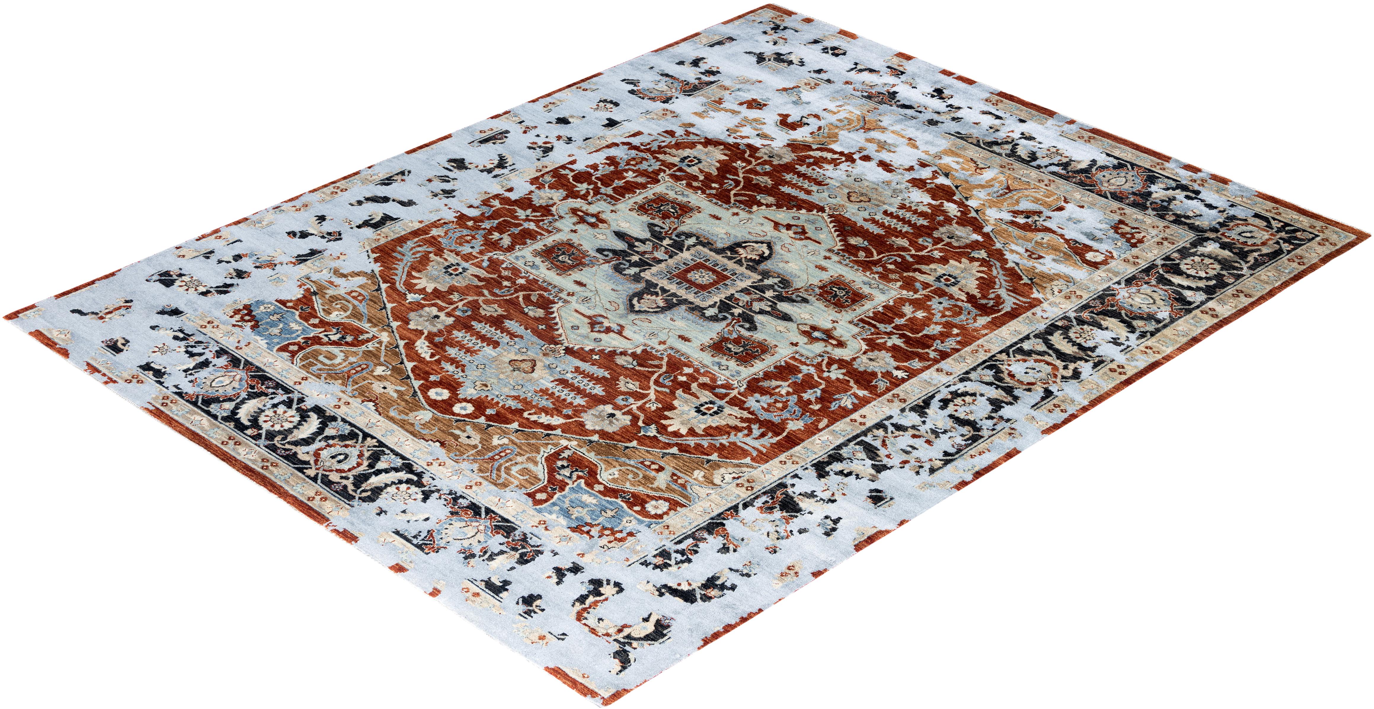 Traditioneller handgeknüpfter abstrakter Ikat-Teppich aus Seide und Wolle in Rot, 8' 0