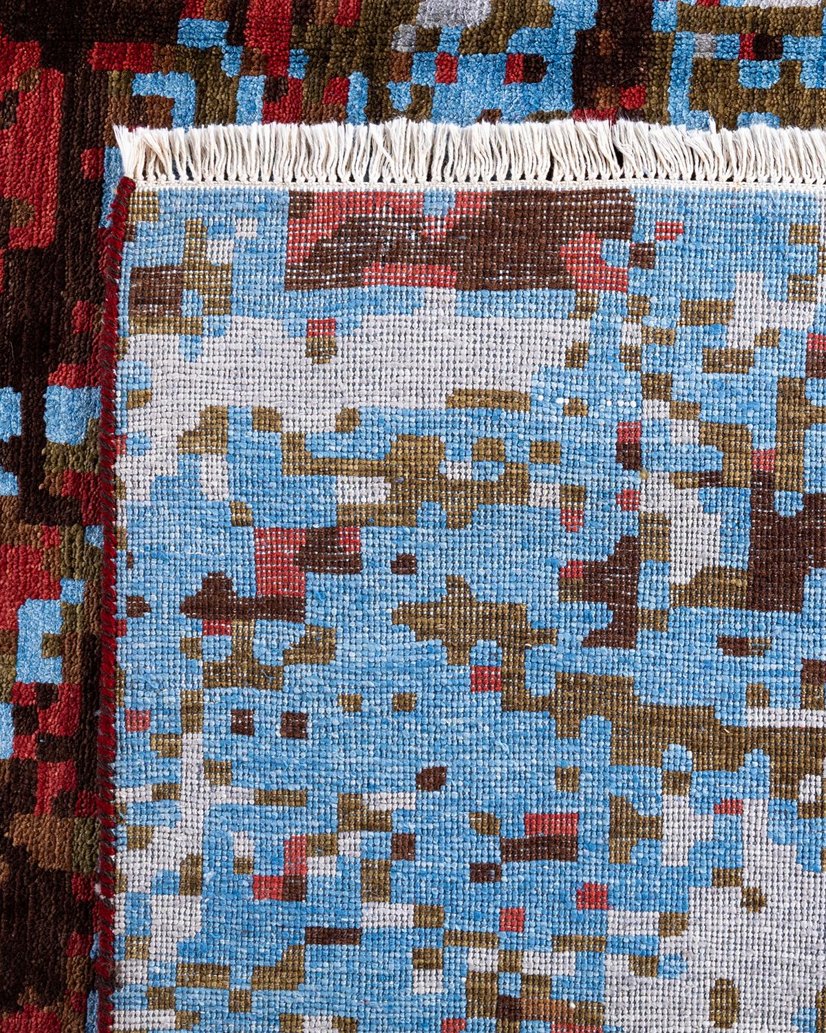 Tappeto tradizionale Ikat annodato a mano in seta e lana rossa 8' 1