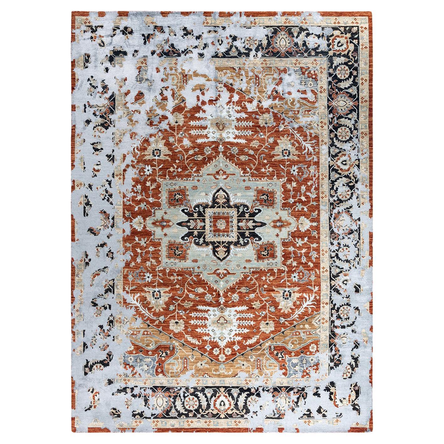 Traditional Ikat Hand Knotted Abstract Silk & Wool Rust Area Rug 8' 10" x 12' 3" For Sale