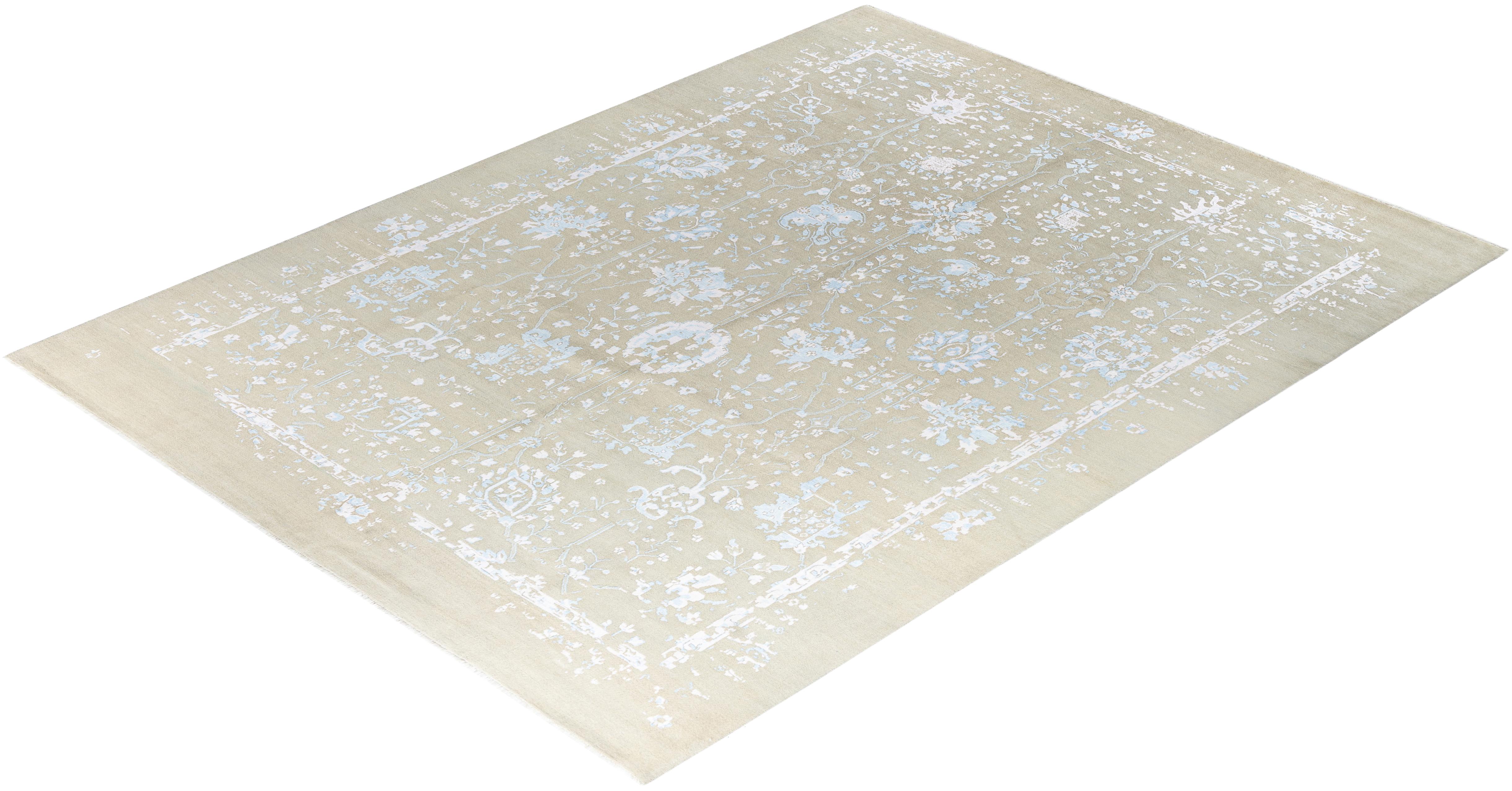 Tapis traditionnel Ikat abstrait noué à la main en soie et laine  9' 2