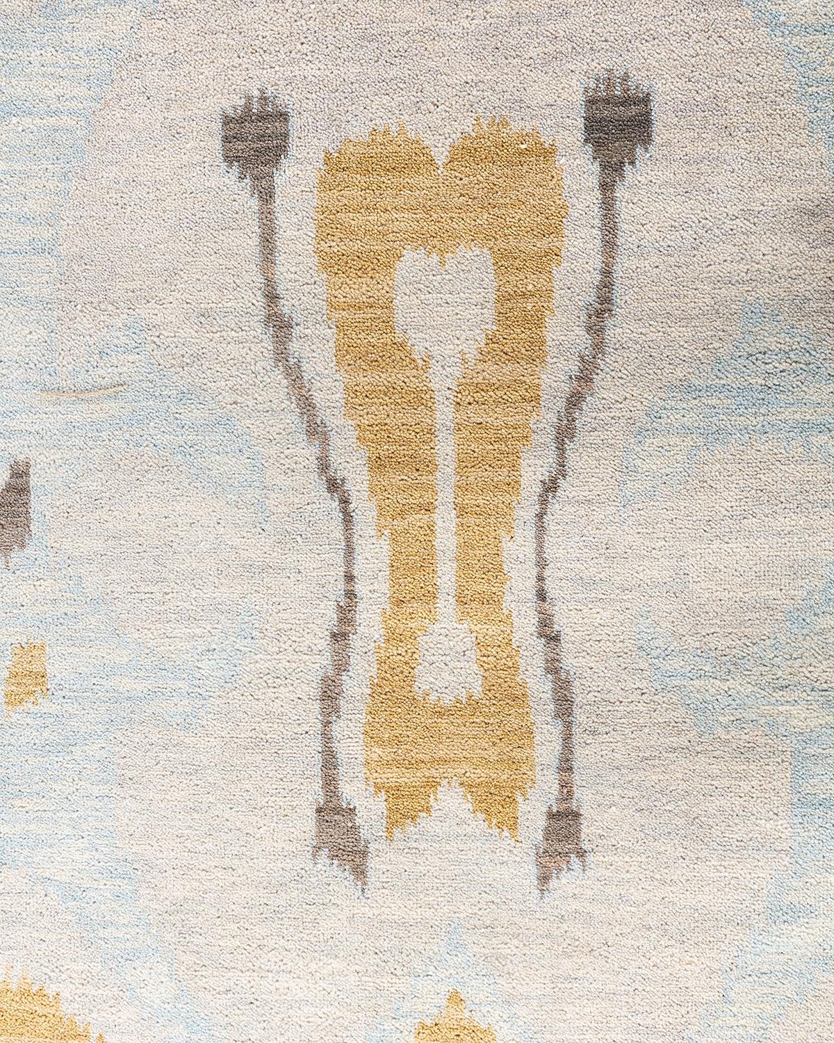Indian Traditional Ikat Hand Knotted Abstract Wool Beige Area Rug 9' 2