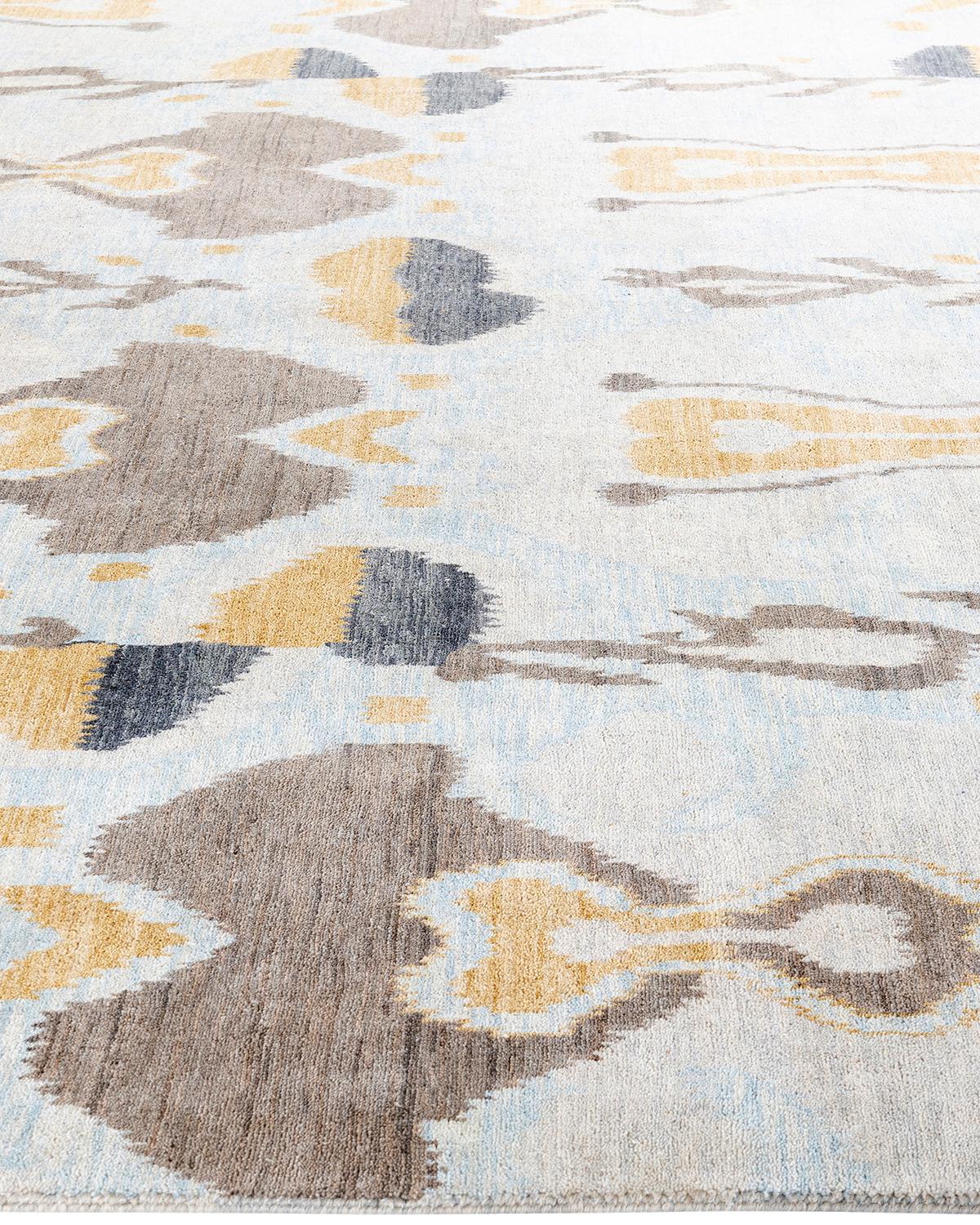 Hand-Knotted Traditional Ikat Hand Knotted Abstract Wool Beige Area Rug 9' 2
