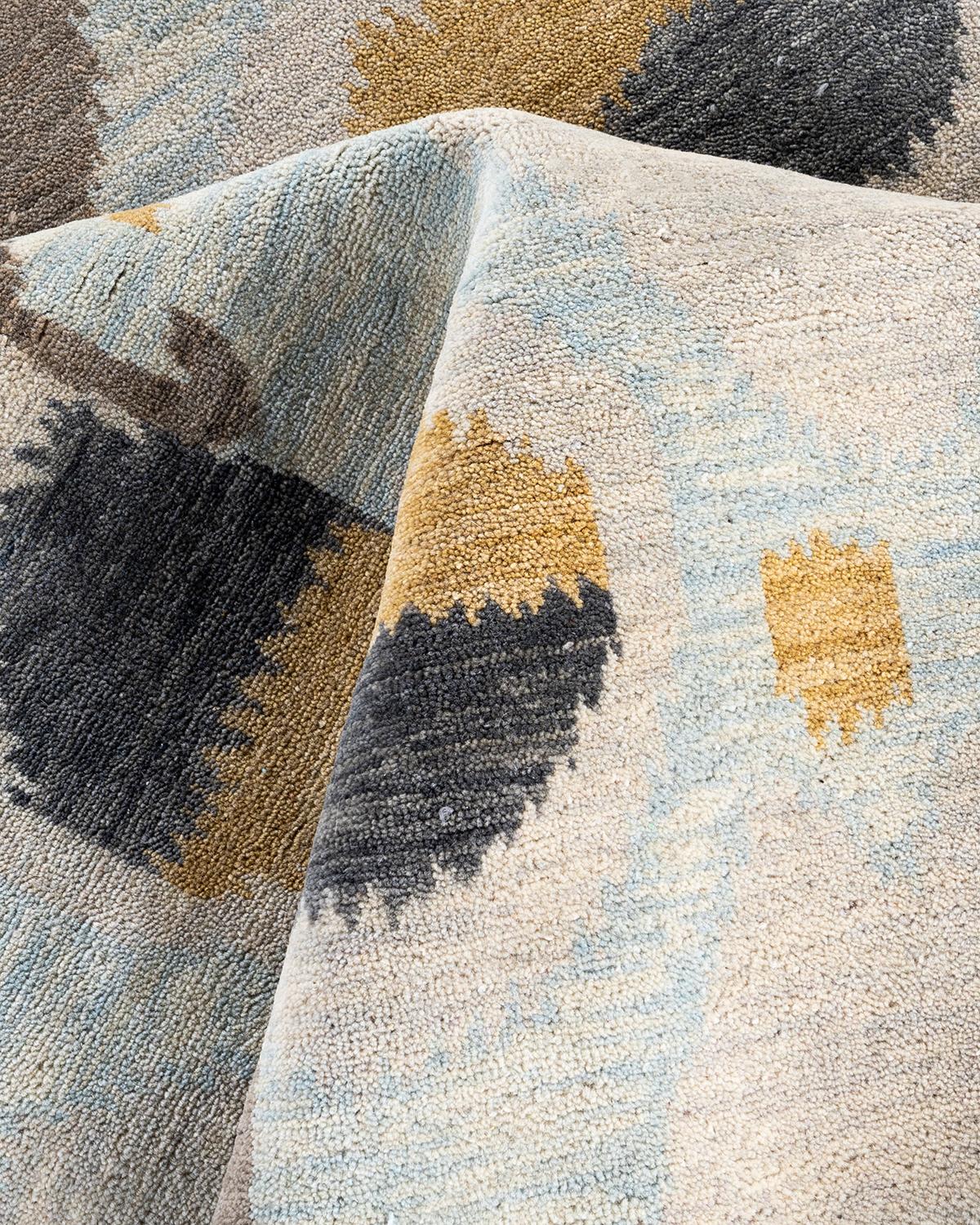 Traditional Ikat Hand Knotted Abstract Wool Beige Area Rug 9' 2
