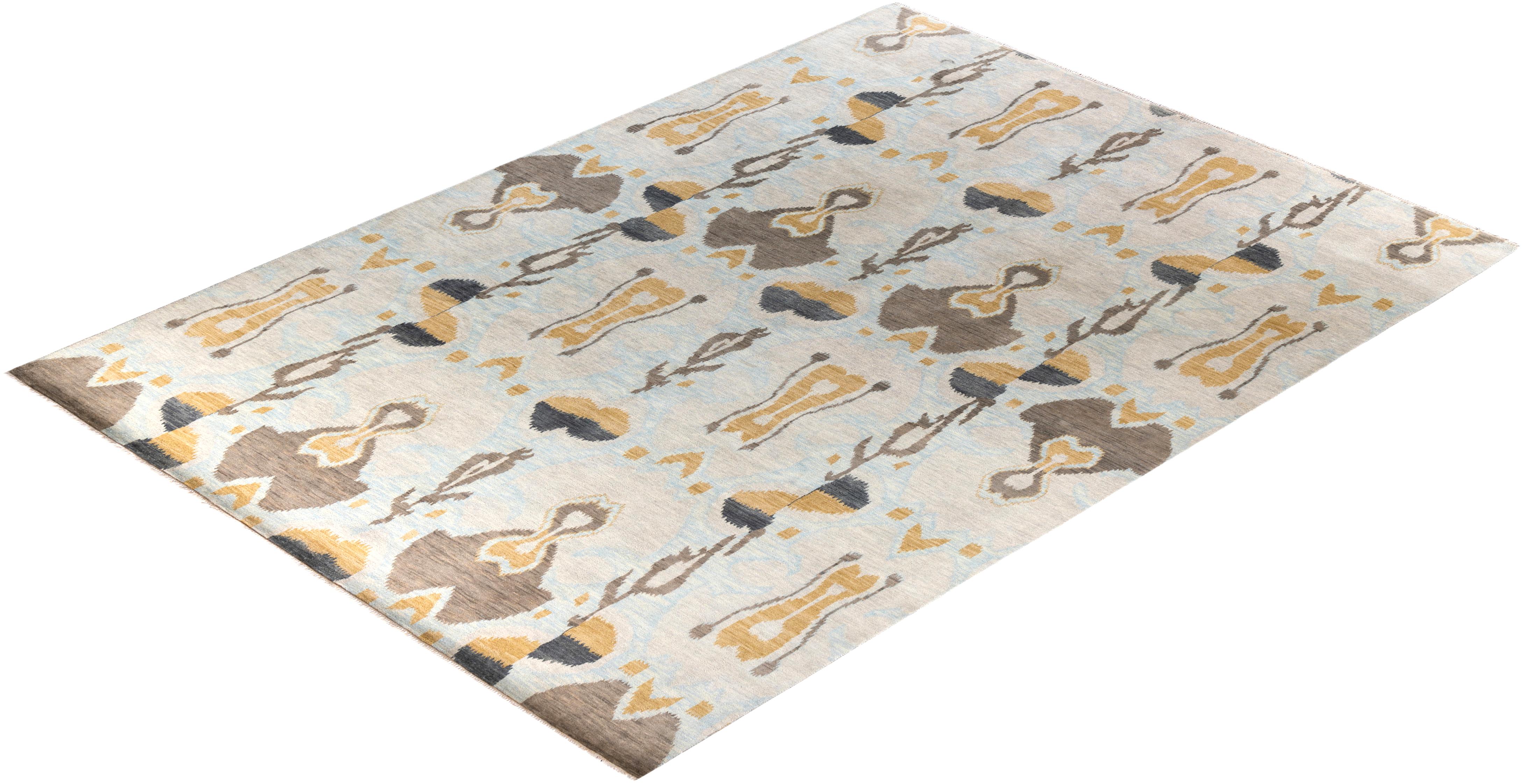 Traditional Ikat Hand Knotted Abstract Wool Beige Area Rug 9' 2